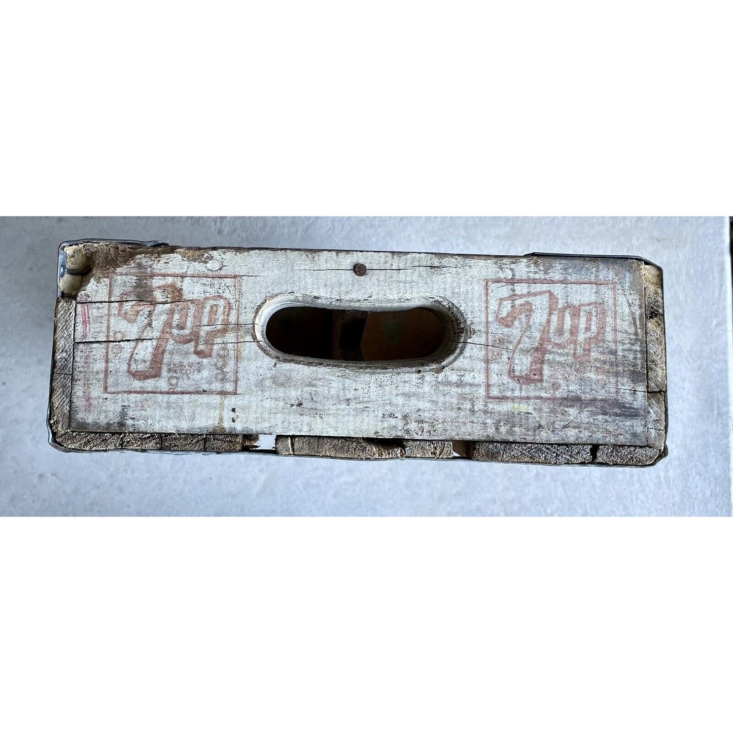 1966 Fresh Up with 7UP White Divided Crate Red Letters Cutout Handles Dallas TX - Vintosh Vintage