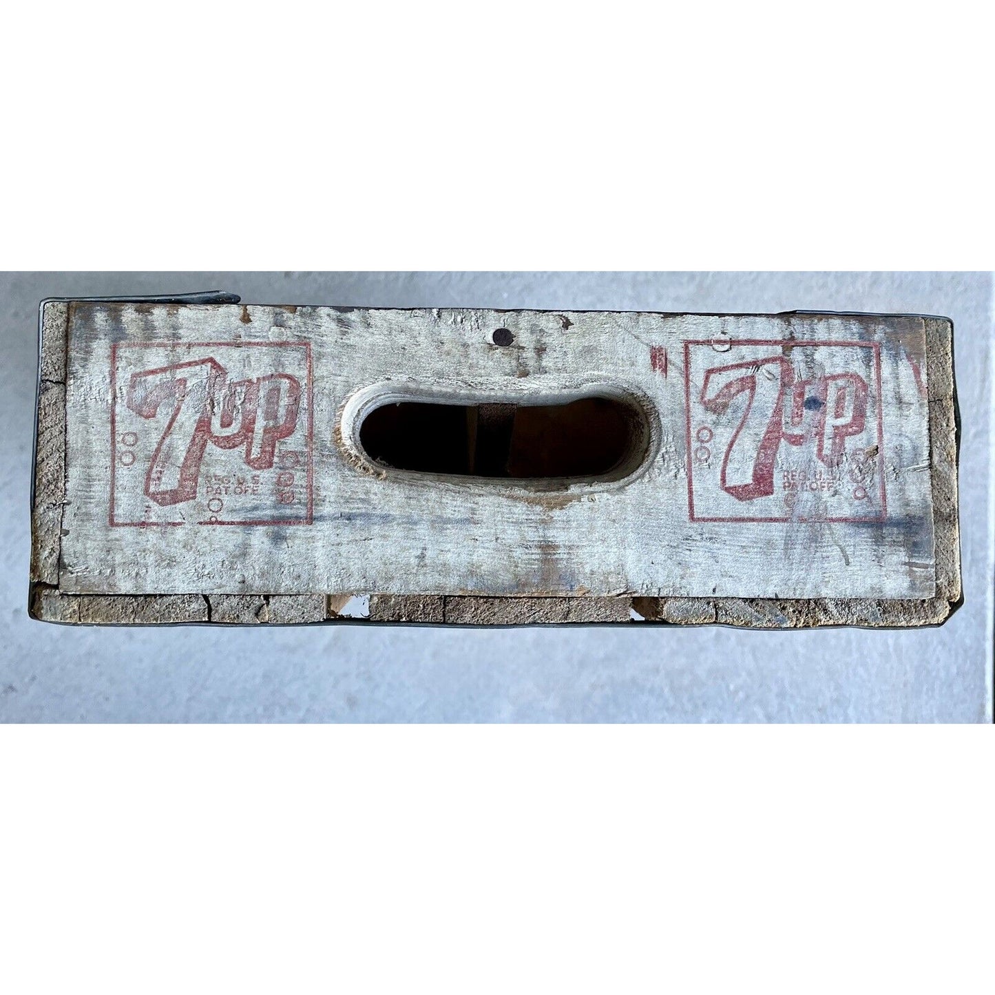 1966 Fresh Up with 7UP White Divided Crate Red Letters Cutout Handles Dallas TX - Vintosh Vintage