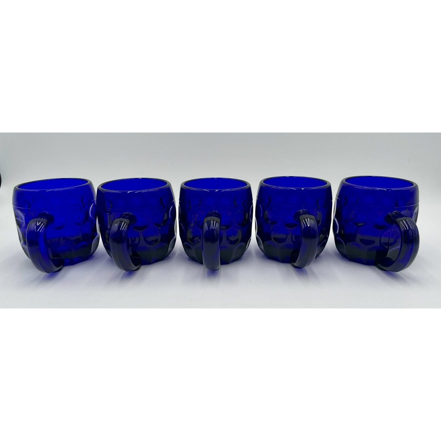 Vintage Lot of 5 New Martinsville #24 Beer Mug - Cobalt Blue Thumbprint Mug (D6) - Vintosh Vintage