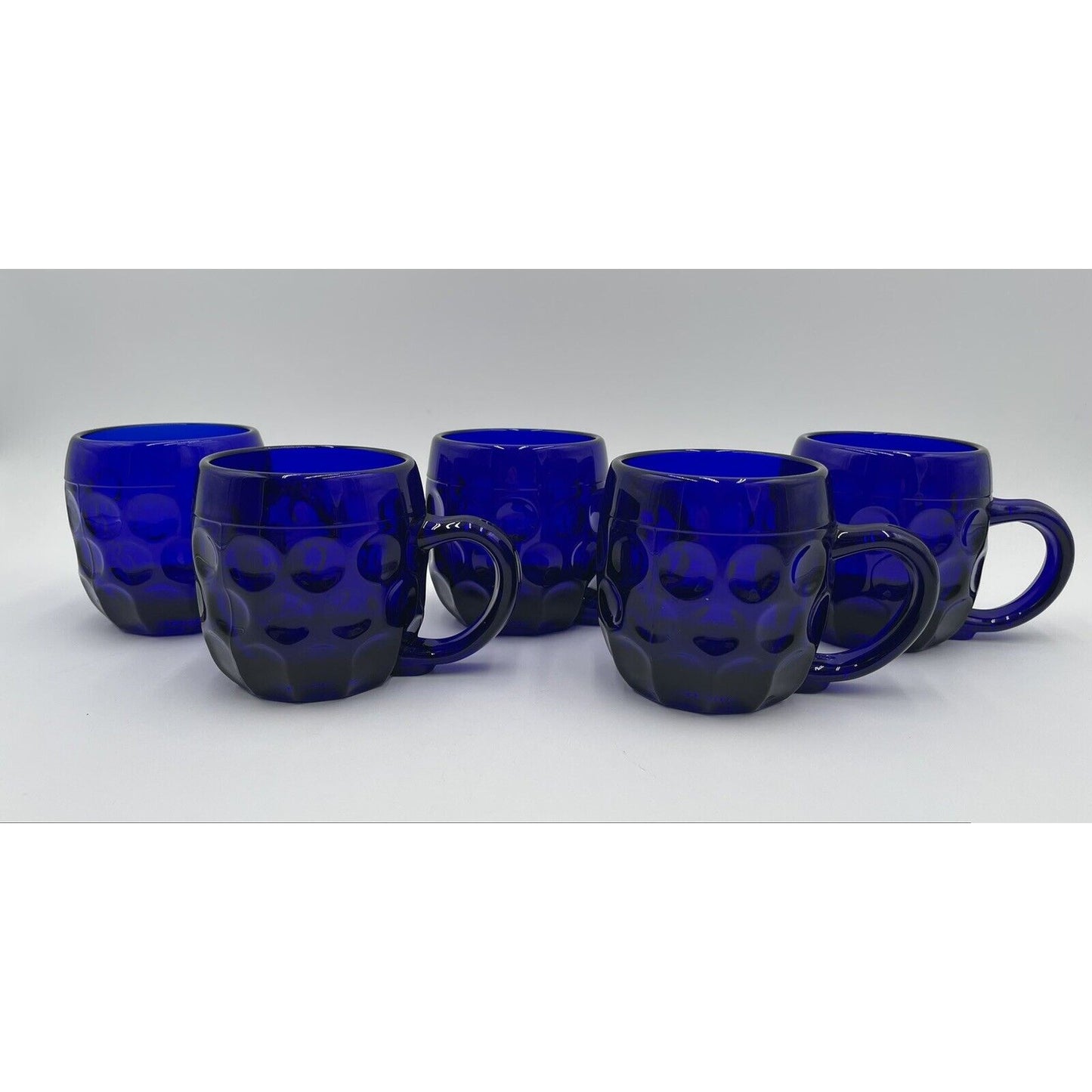 Vintage Lot of 5 New Martinsville #24 Beer Mug - Cobalt Blue Thumbprint Mug (D6) - Vintosh Vintage