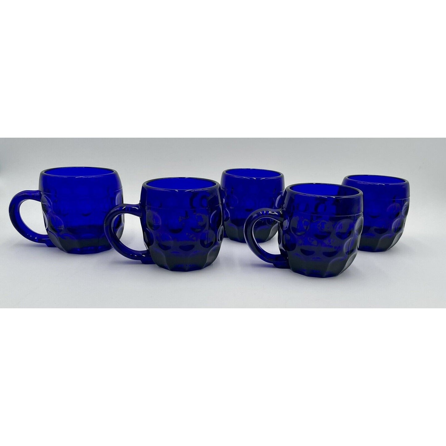 Vintage Lot of 5 New Martinsville #24 Beer Mug - Cobalt Blue Thumbprint Mug (D6) - Vintosh Vintage