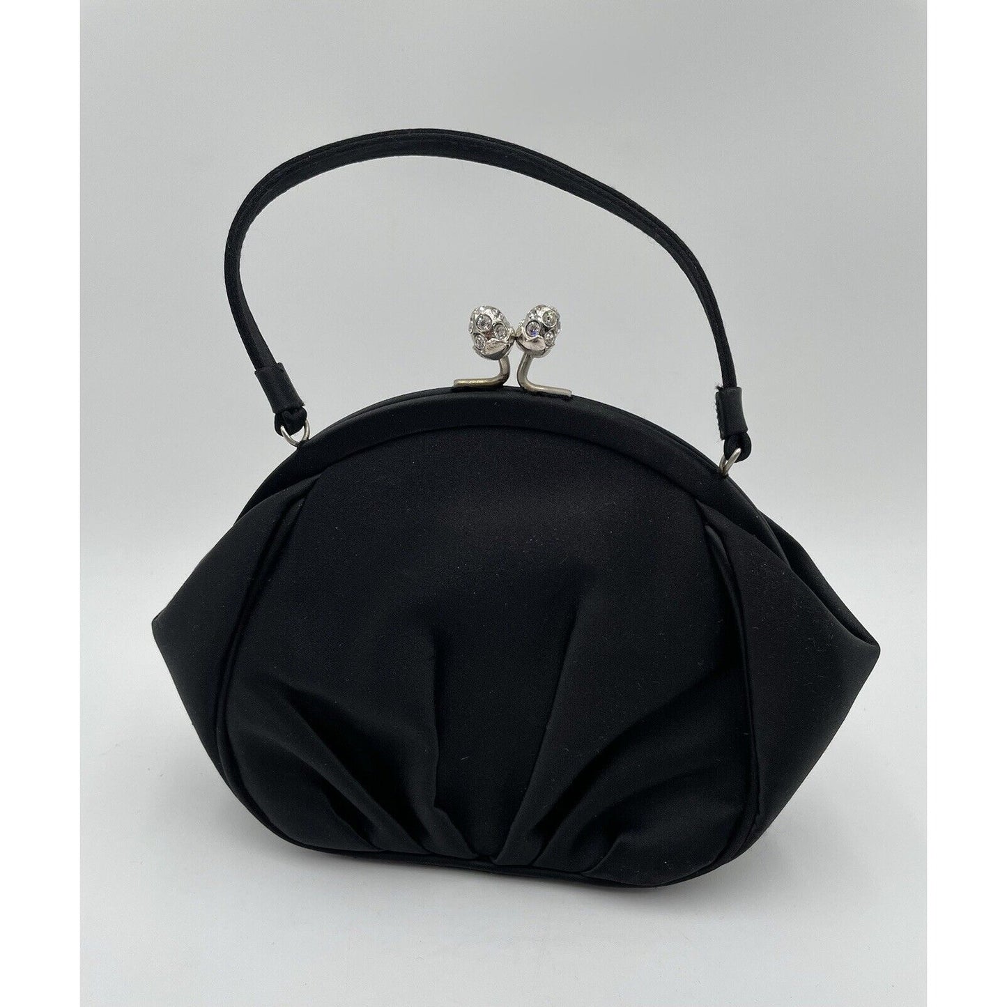 Preston & York Black Satin Evening Handbag with Rhinestone Closure (A5) - Vintosh Vintage
