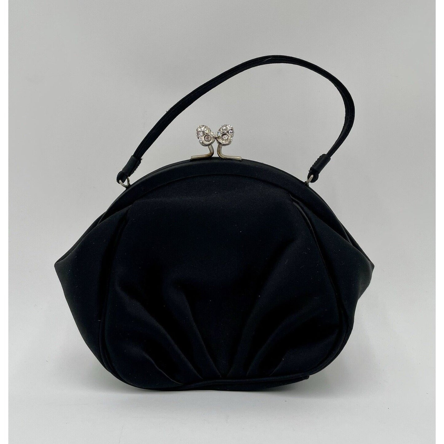 Preston & York Black Satin Evening Handbag with Rhinestone Closure (A5) - Vintosh Vintage