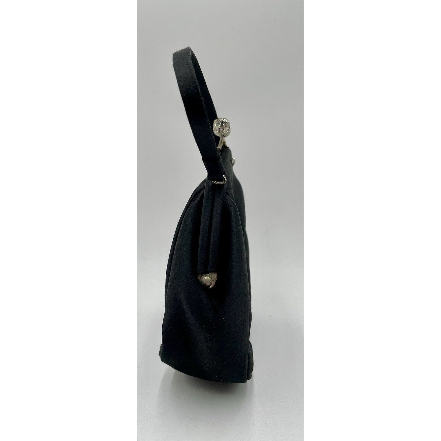 Preston & York Black Satin Evening Handbag with Rhinestone Closure (A5) - Vintosh Vintage