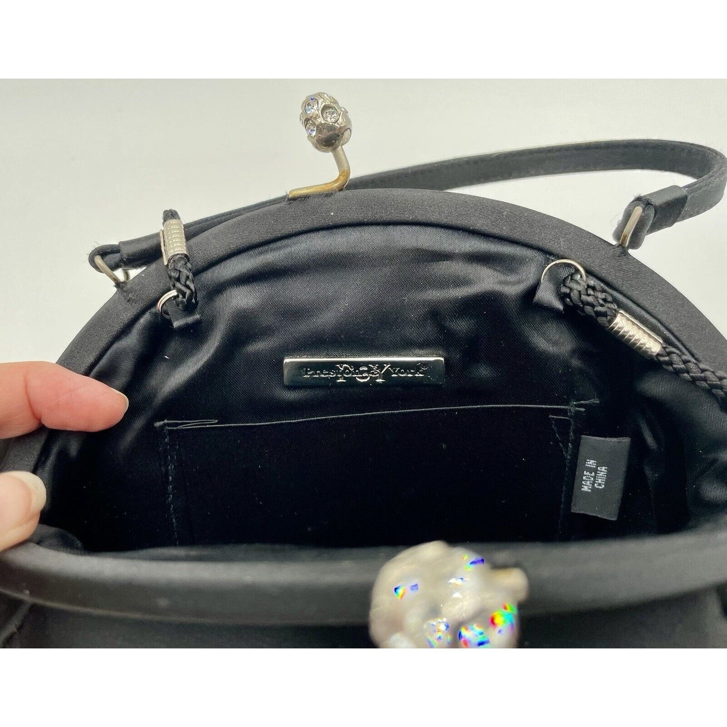 Preston & York Black Satin Evening Handbag with Rhinestone Closure (A5) - Vintosh Vintage