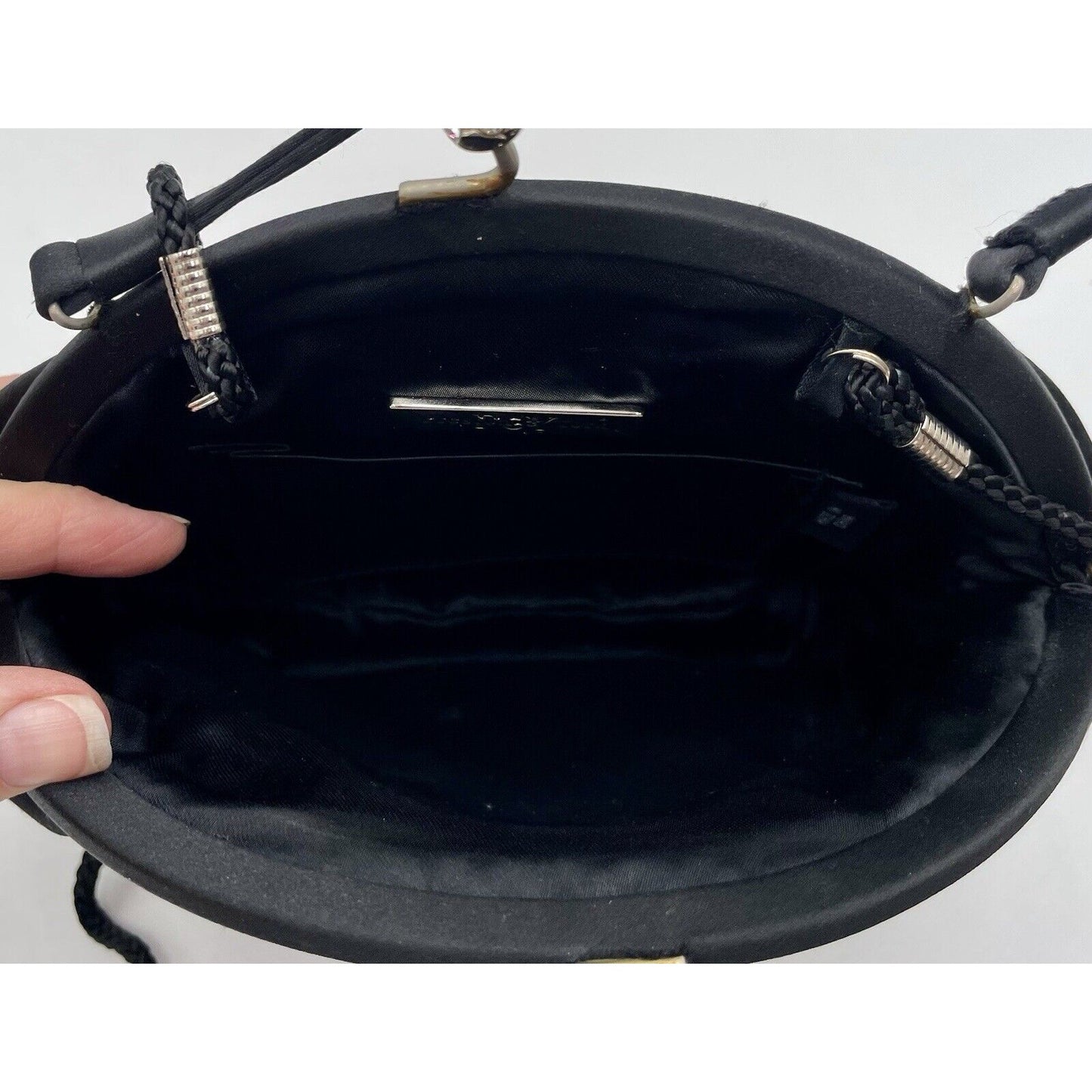 Preston & York Black Satin Evening Handbag with Rhinestone Closure (A5) - Vintosh Vintage