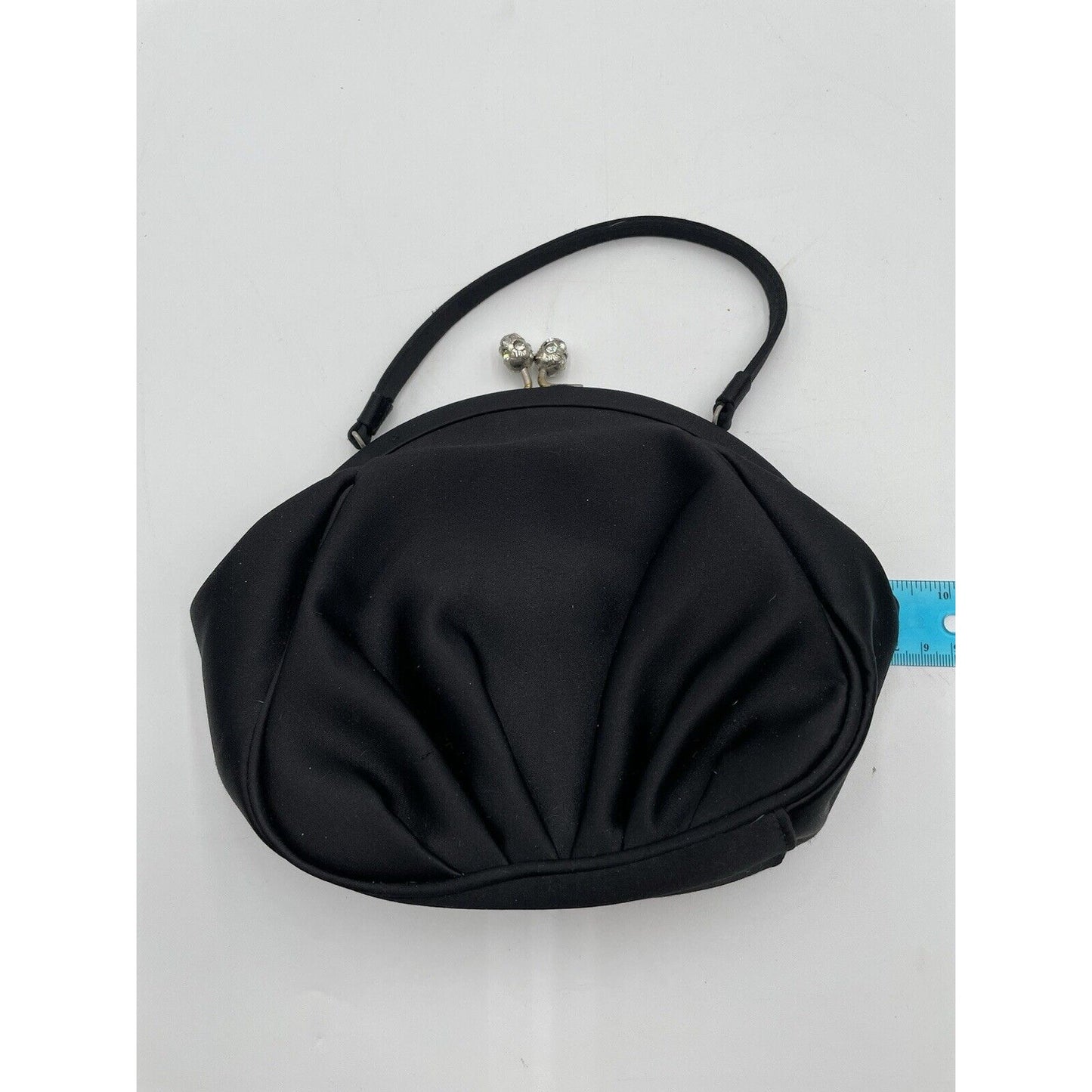 Preston & York Black Satin Evening Handbag with Rhinestone Closure (A5) - Vintosh Vintage