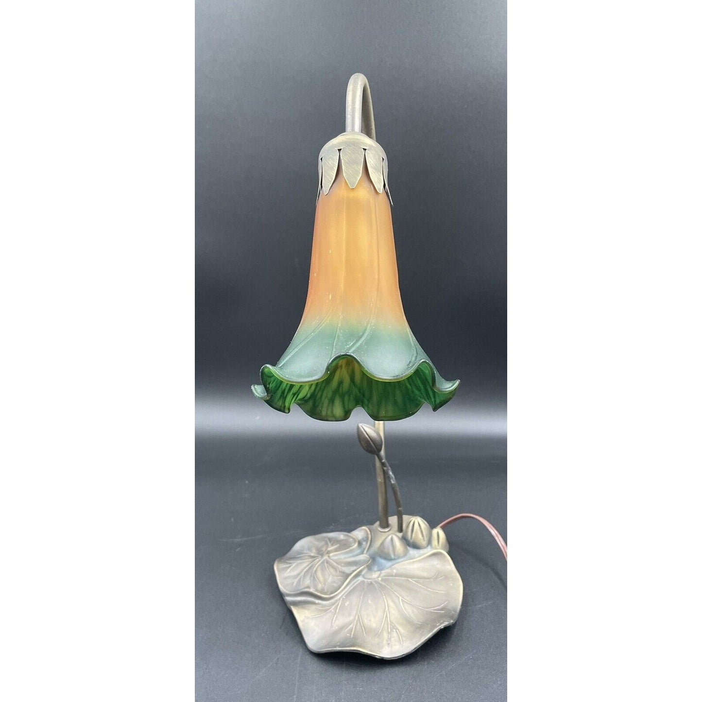 Amber & Green Glass Flower Shade Goose Neck Lily Pad Base Lamp (D1) - Vintosh Vintage