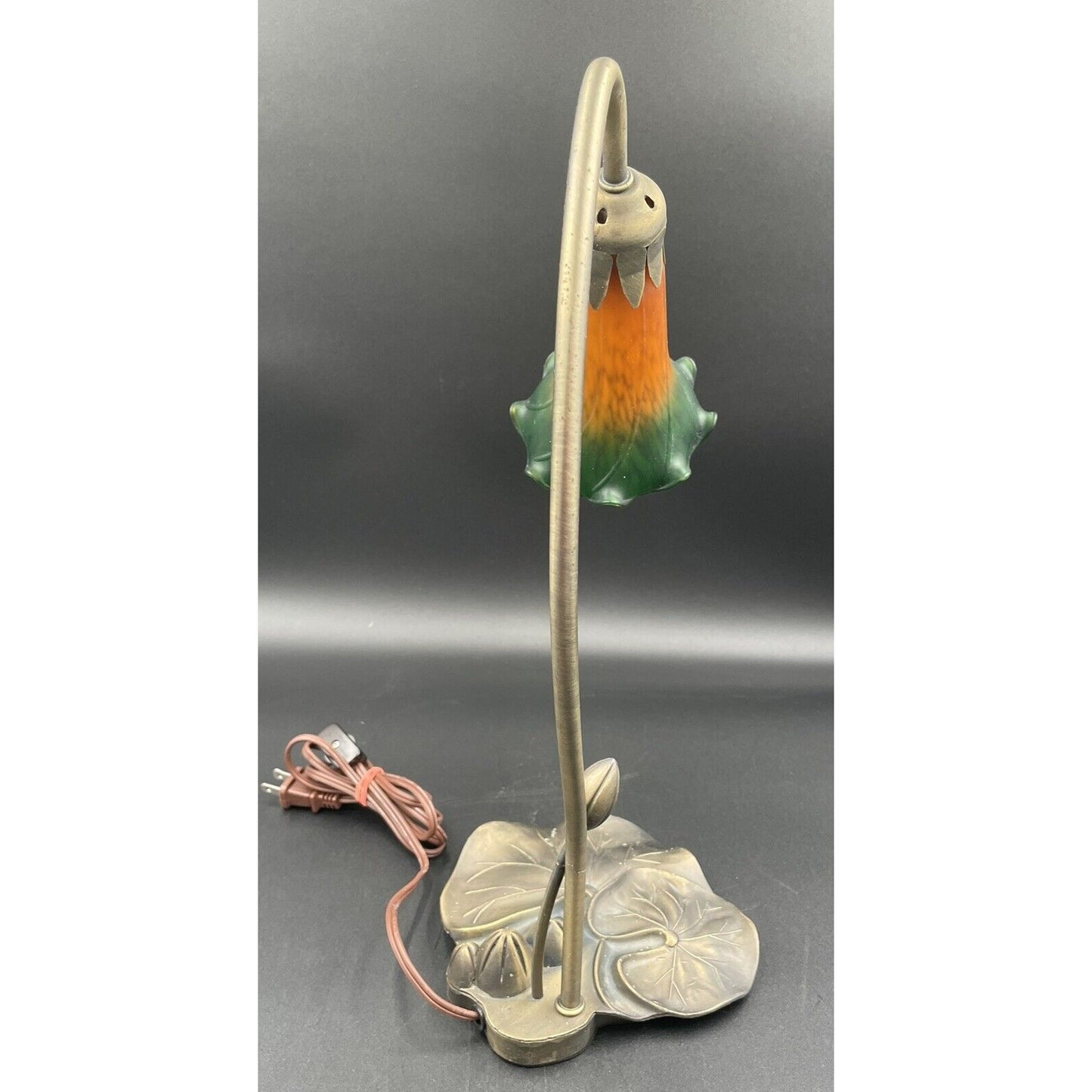 Amber & Green Glass Flower Shade Goose Neck Lily Pad Base Lamp (D1) - Vintosh Vintage