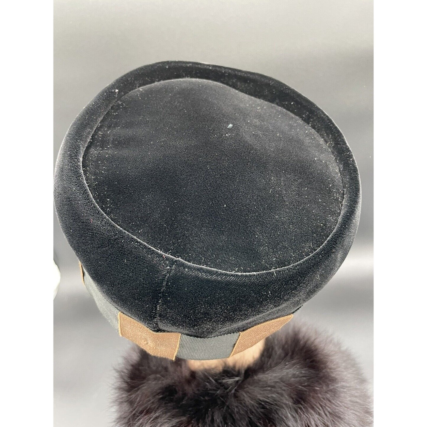 1950s Pill Box Black Velour Hat Brown & Black Checker Ribbon Trim-Linda Farrell - Vintosh Vintage