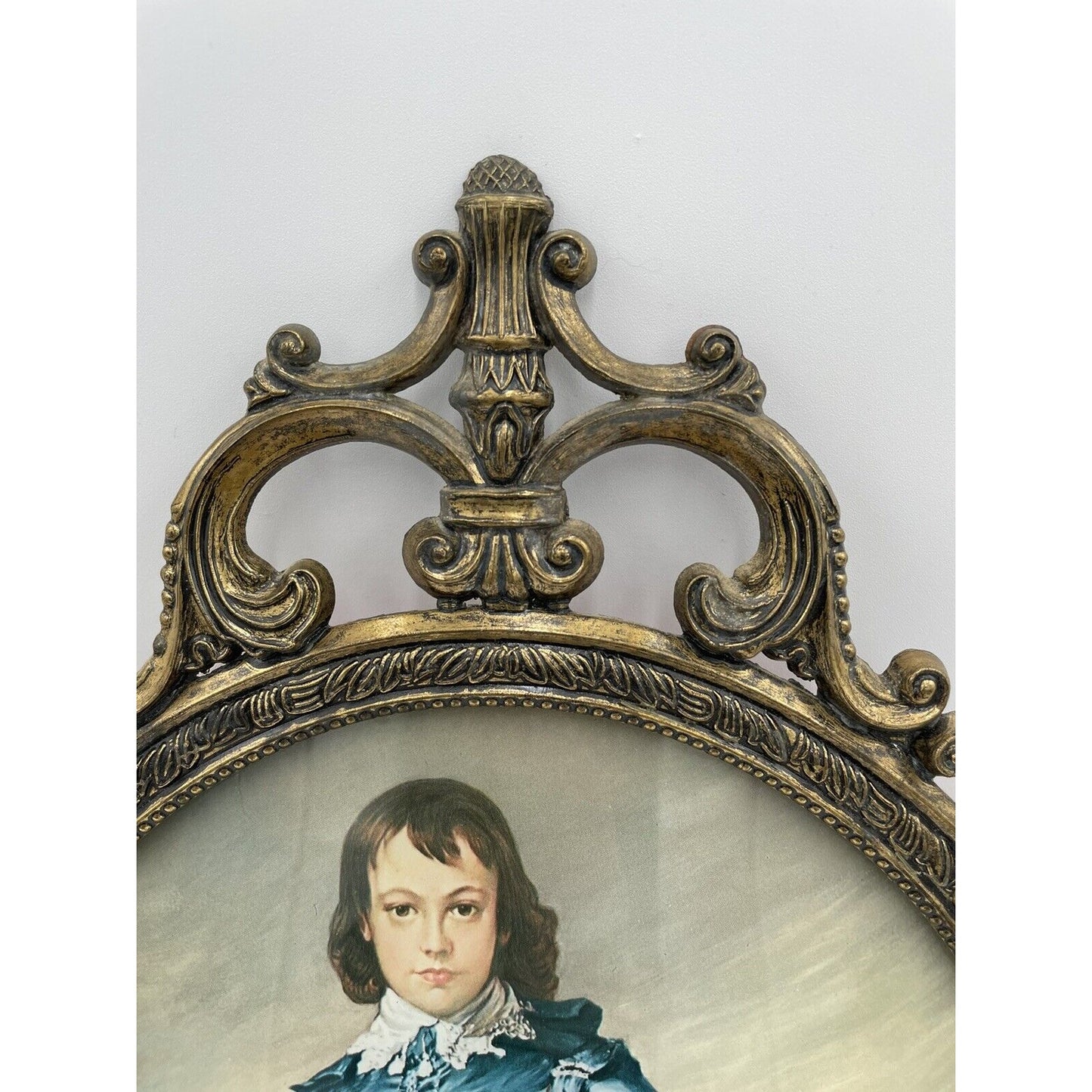 Blue Boy Gainsborough Baroque Ornate Oval Brass Frame 17"x12" ConvexGlass Italy - Vintosh Vintage