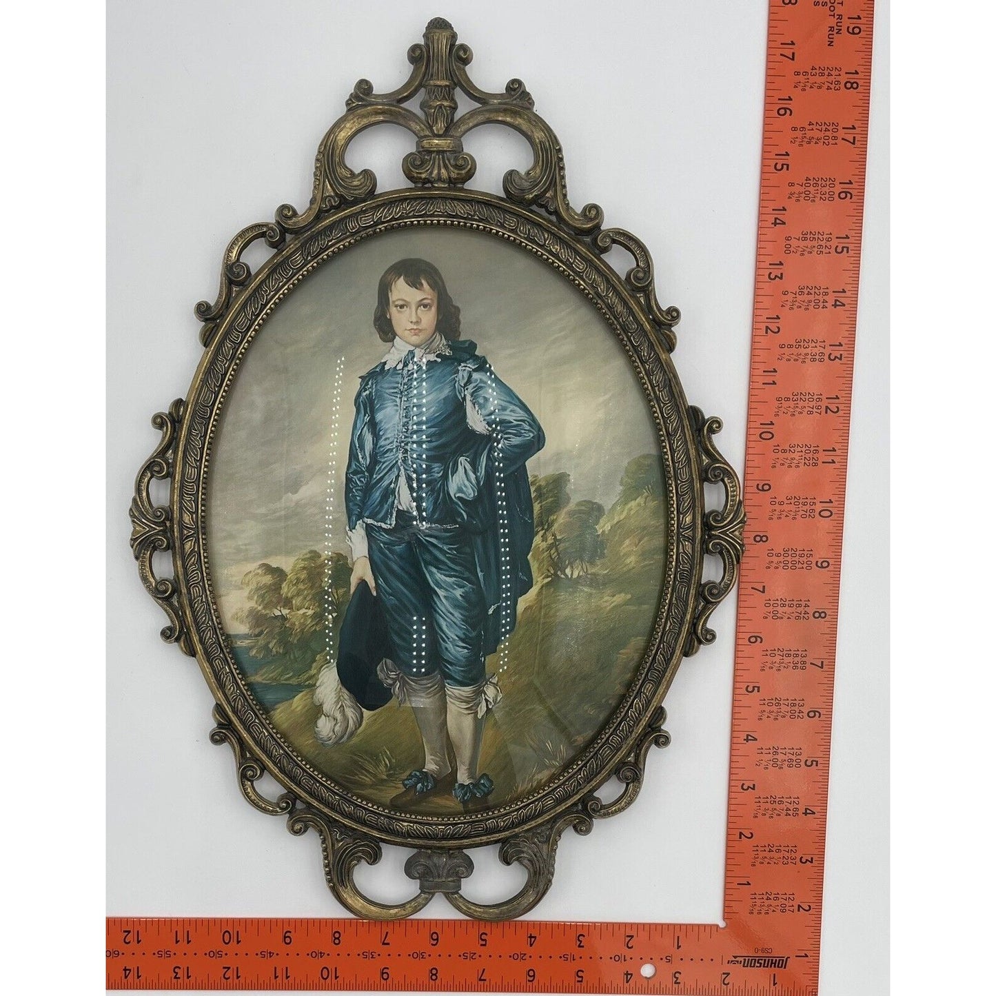 Blue Boy Gainsborough Baroque Ornate Oval Brass Frame 17"x12" ConvexGlass Italy - Vintosh Vintage