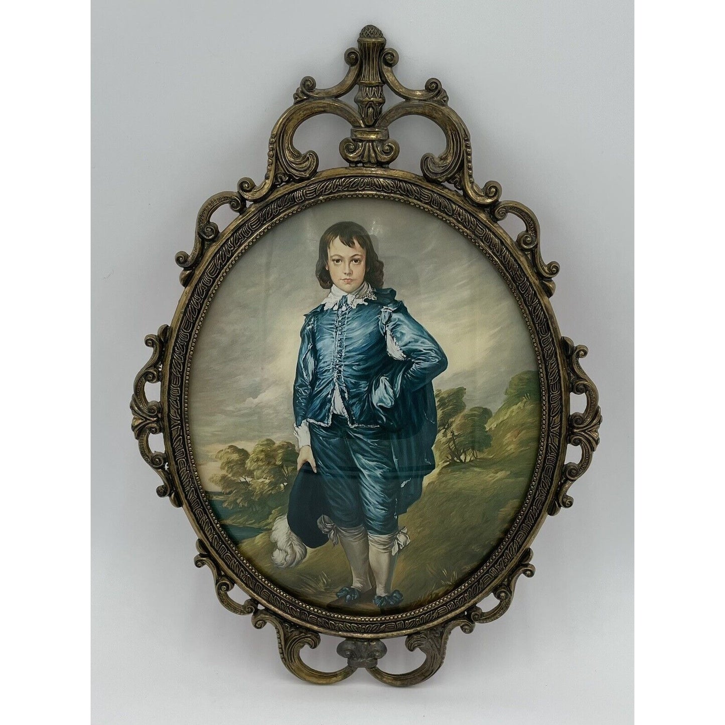 Blue Boy Gainsborough Baroque Ornate Oval Brass Frame 17"x12" ConvexGlass Italy - Vintosh Vintage