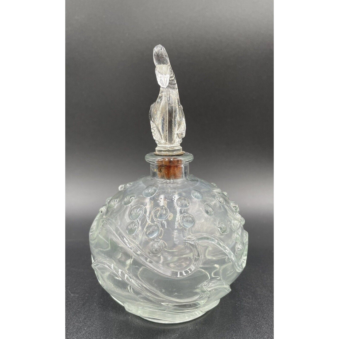 1940s Alfred A Flaster 6" Textured Glass Perfume Bottle w/ Fish Stopper (B4) - Vintosh Vintage