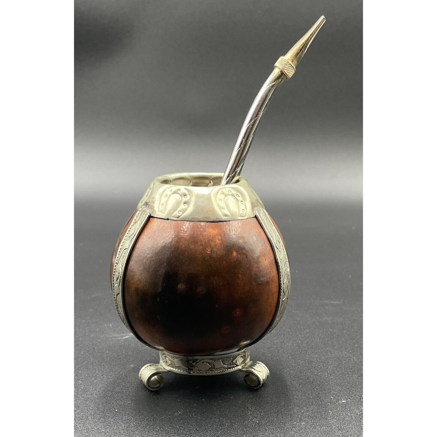 Vintage Yerba Mate Tea Footed Gourd Cup with Silver Trim & Bombilla Straw (C-BM) - Vintosh Vintage