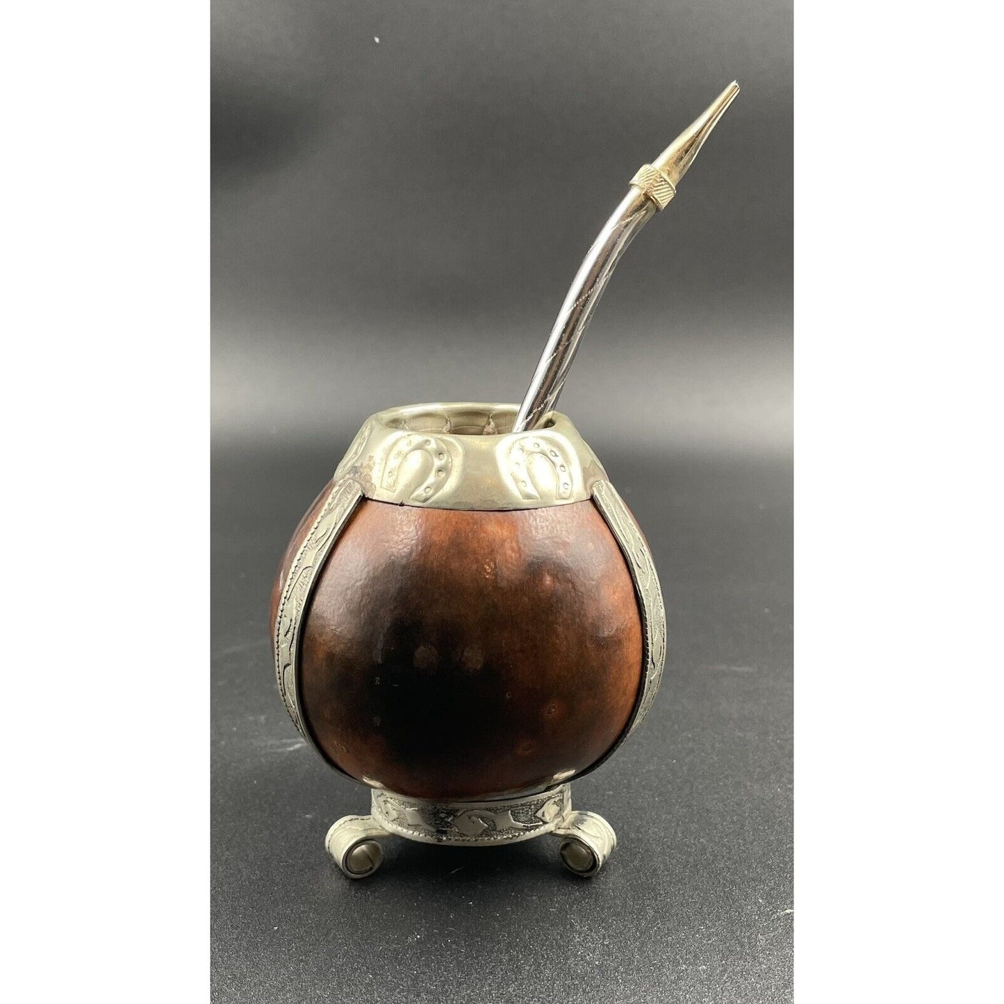Vintage Yerba Mate Tea Footed Gourd Cup with Silver Trim & Bombilla Straw (C-BM) - Vintosh Vintage