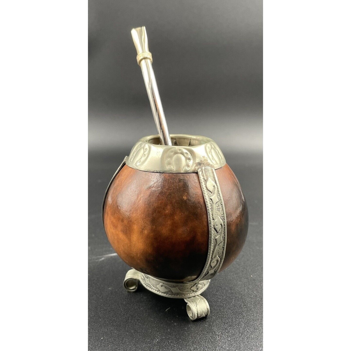 Vintage Yerba Mate Tea Footed Gourd Cup with Silver Trim & Bombilla Straw (C-BM) - Vintosh Vintage