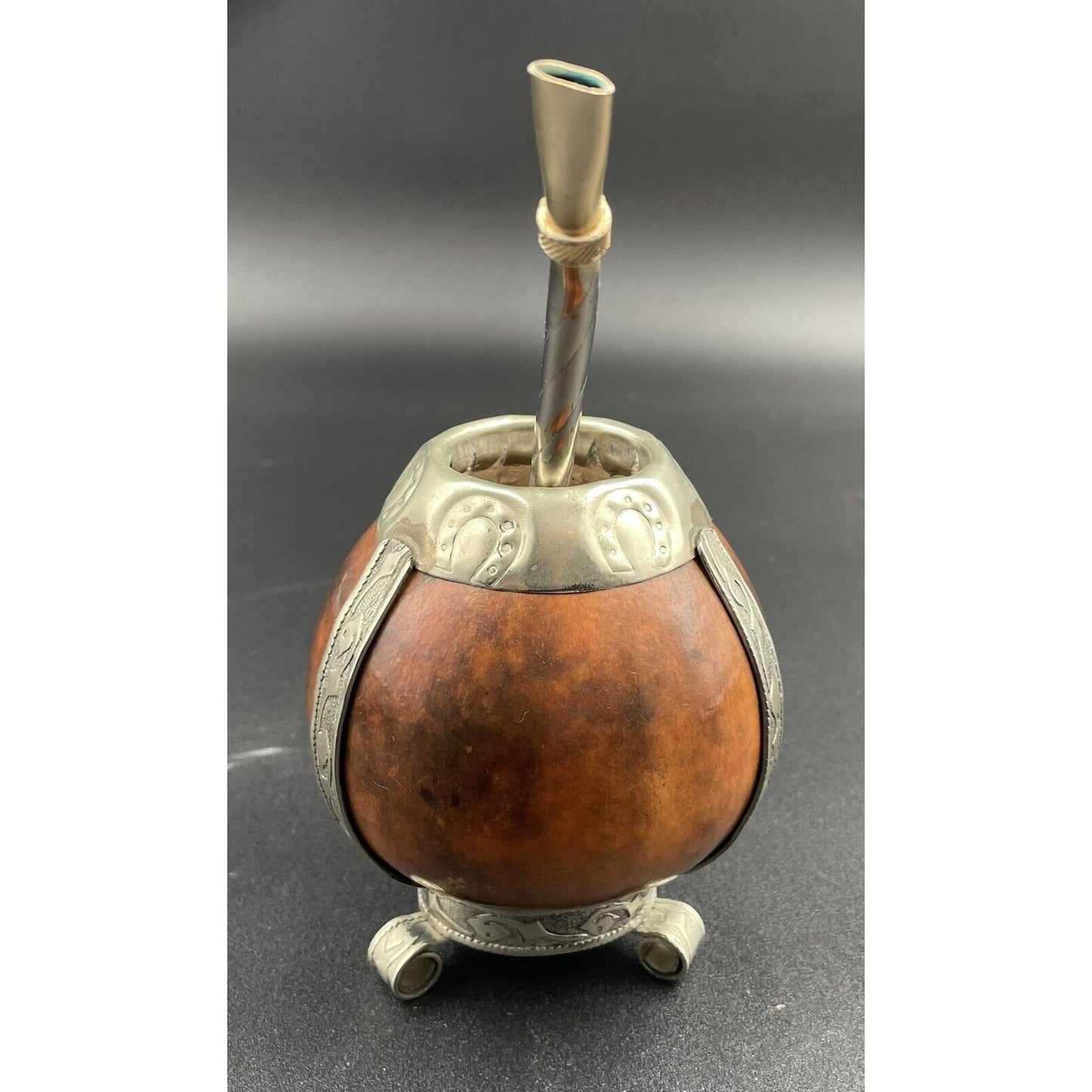 Vintage Yerba Mate Tea Footed Gourd Cup with Silver Trim & Bombilla Straw (C-BM) - Vintosh Vintage