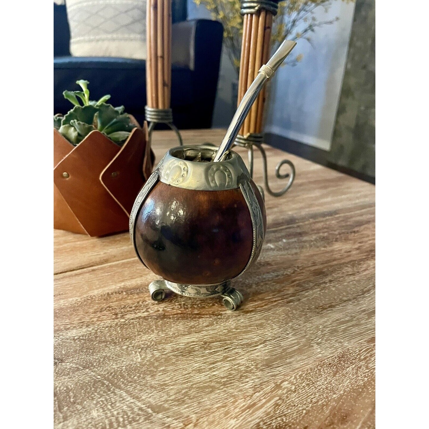 Vintage Yerba Mate Tea Footed Gourd Cup with Silver Trim & Bombilla Straw (C-BM) - Vintosh Vintage