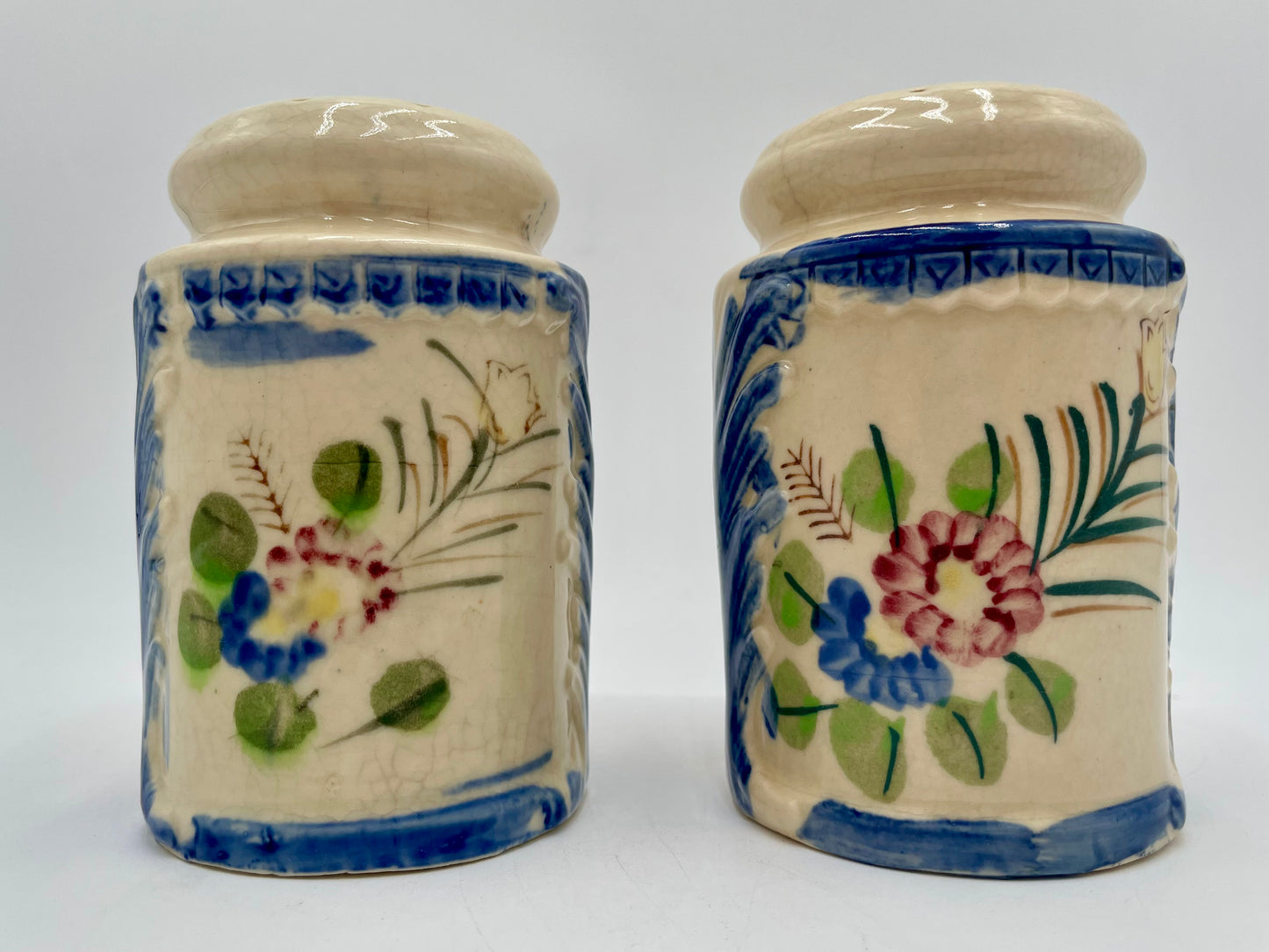Vintage Large Ceramic Salt & Pepper Shakers Hand Painted Floral & Cobalt Blue - Japan