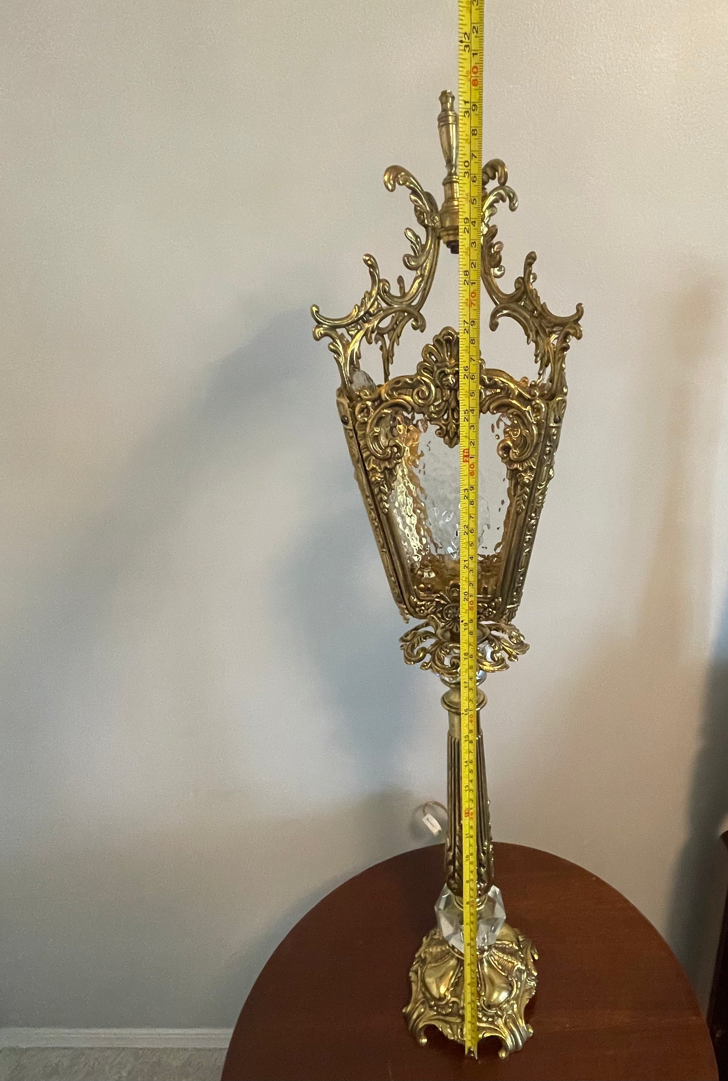 Vintage Ornate
Crystal Gilt Metal Crinkle Glass "Lamp Post" Style Table Lamp 31"