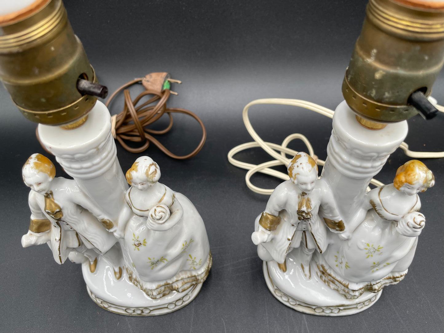 Pair of Vintage Porcelain Victorian Courting Couple Lamps w/ Blue Paper Shades