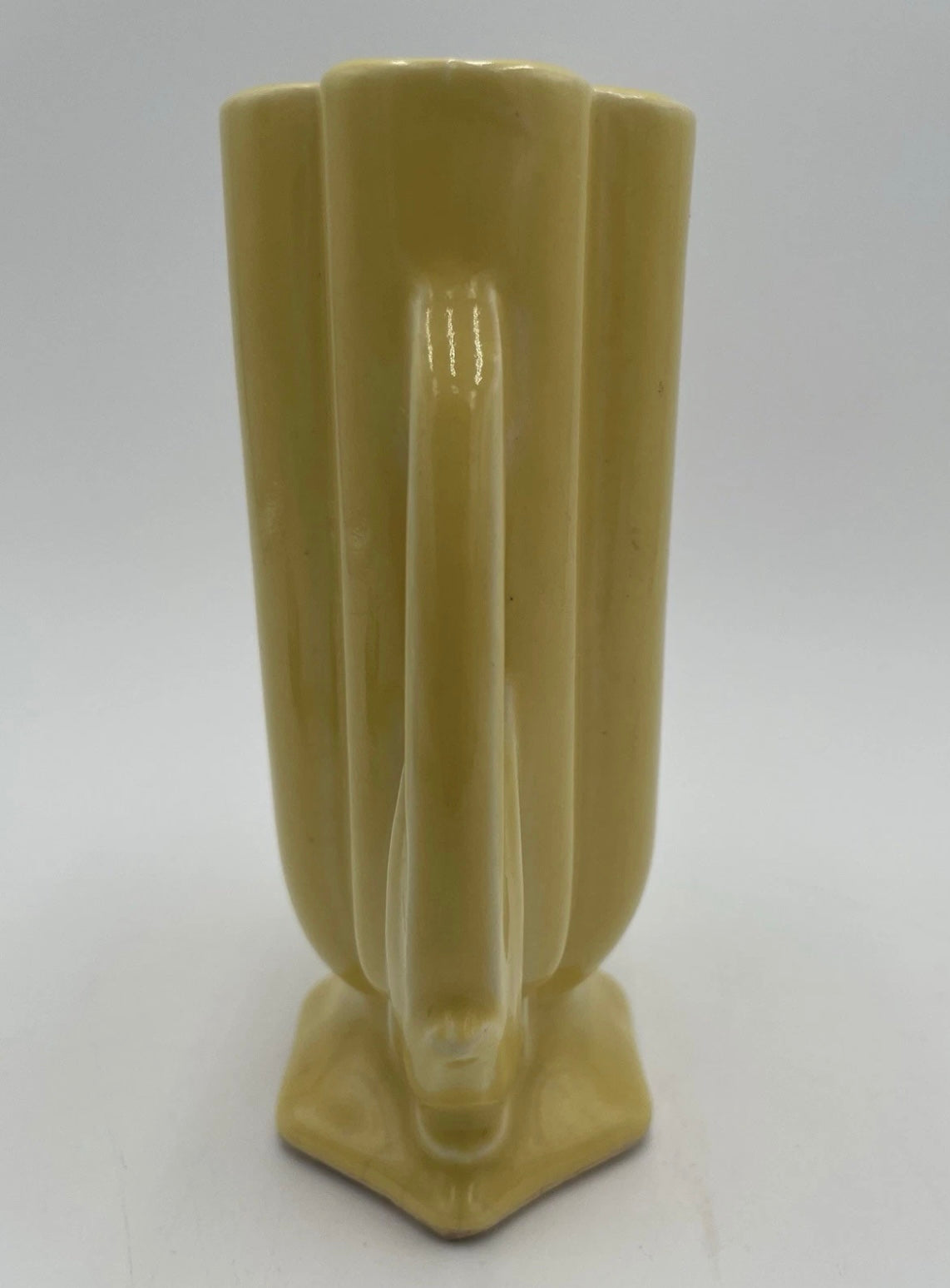 1940s McCoy 5.5" Art Deco Double Handled Yellow Glaze Bud Vase #105 - Vintosh Vintage