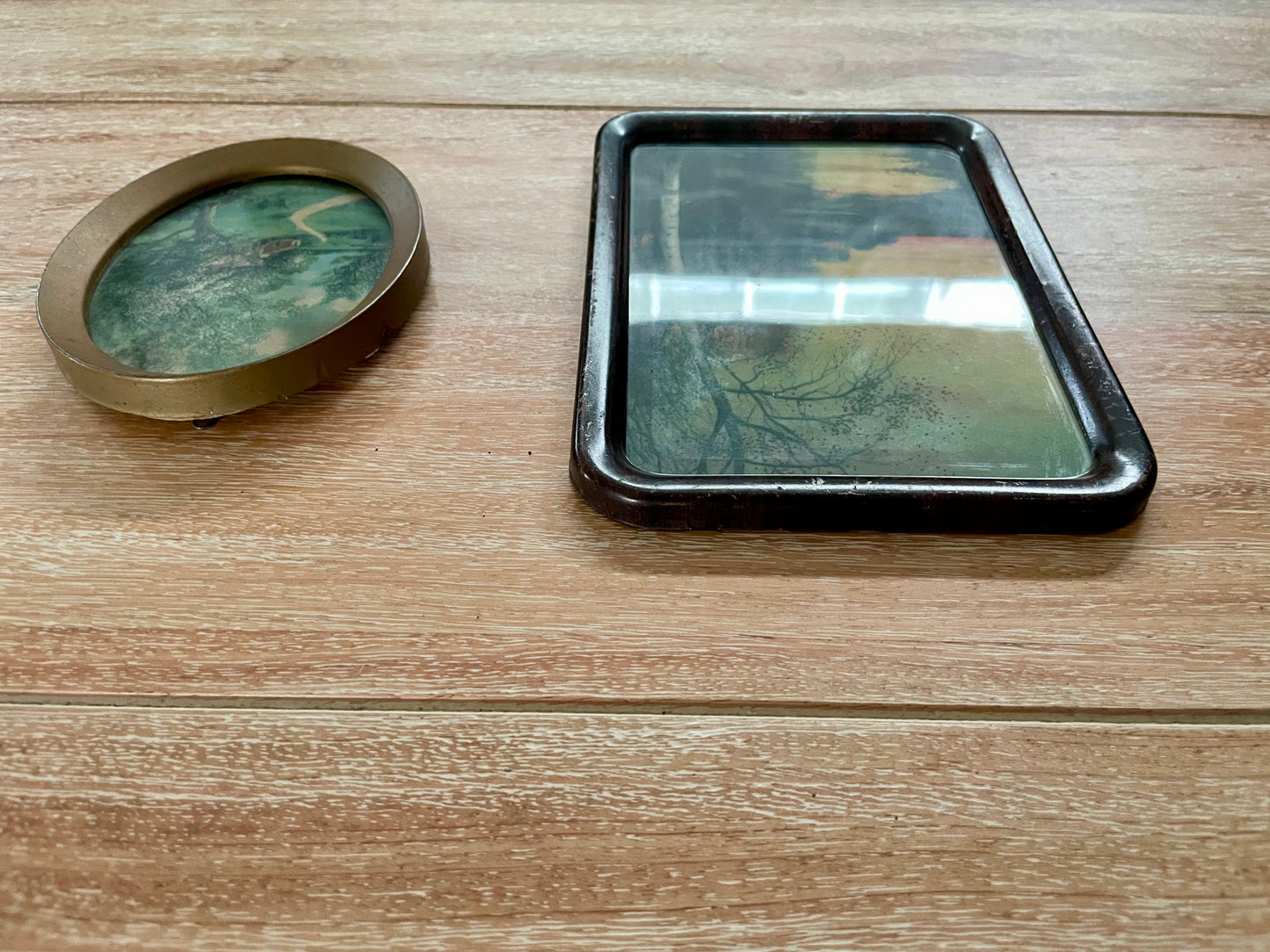 Set of Two Antique Glass Picture Frames of Sunset Stream Birch Tree & Log Cabin in Meadow - Vintosh Vintage
