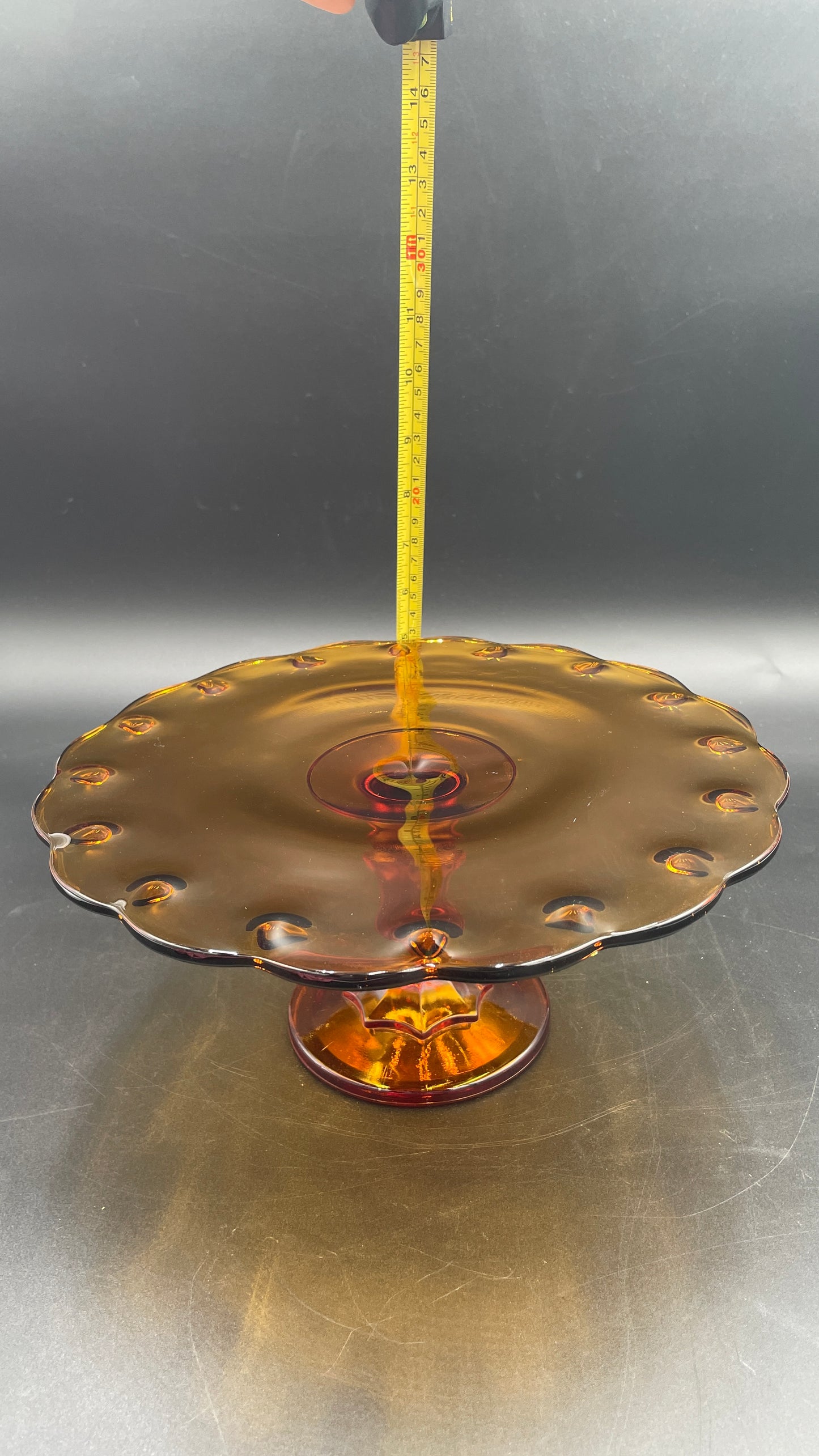1960s Amber Glass Teardrop Pedestal Cake Stand Indiana Glass Company 11"