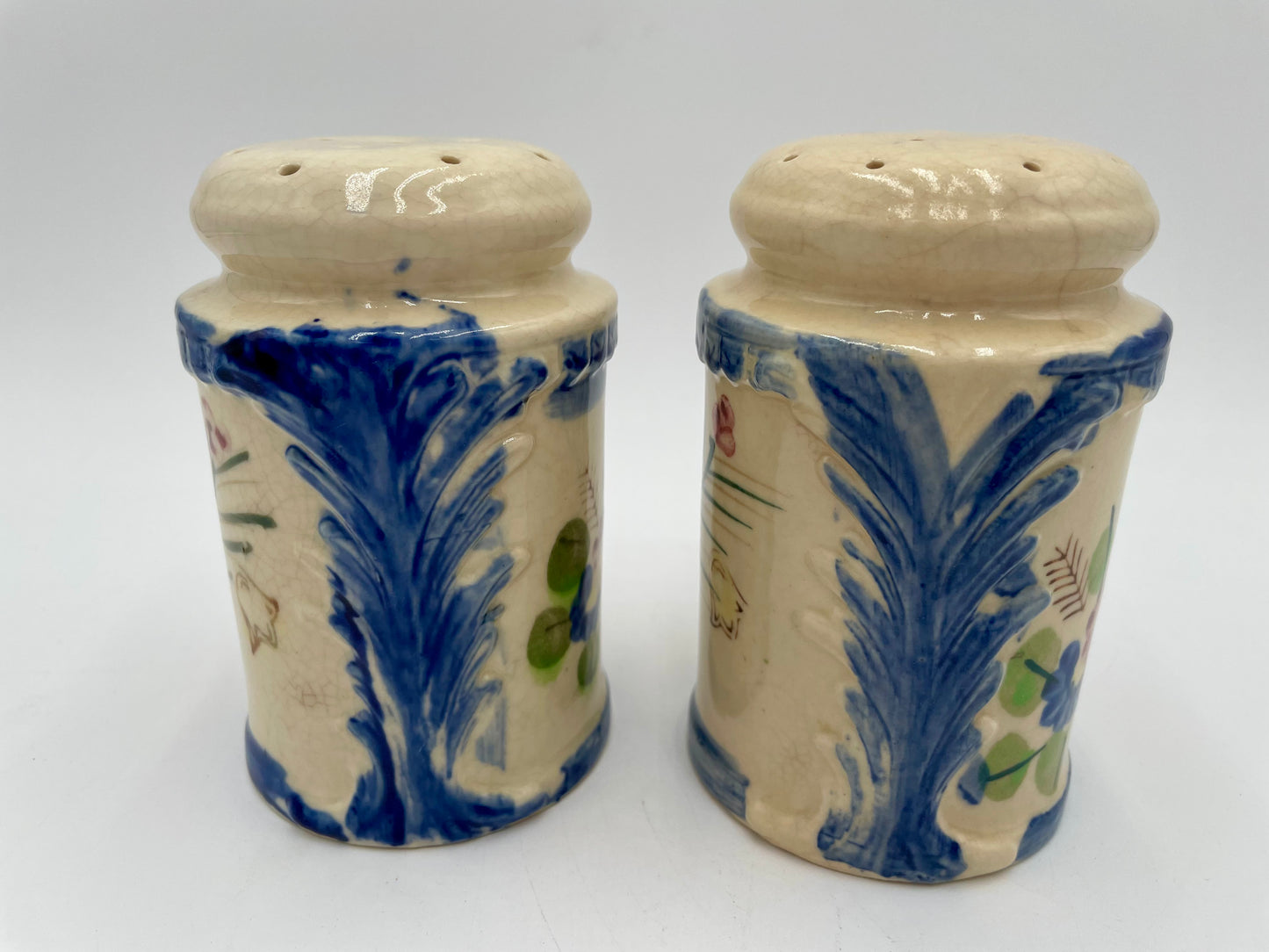 Vintage Large Ceramic Salt & Pepper Shakers Hand Painted Floral & Cobalt Blue - Japan