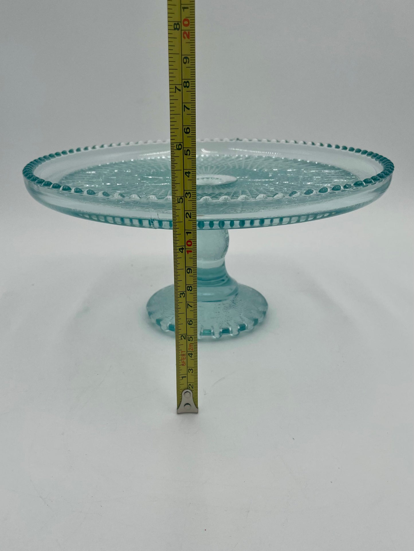 1950s Jeanette Glass Harp Ice Blue Diamond 10" Pedestal Cake Plate Stand Beaded Edge