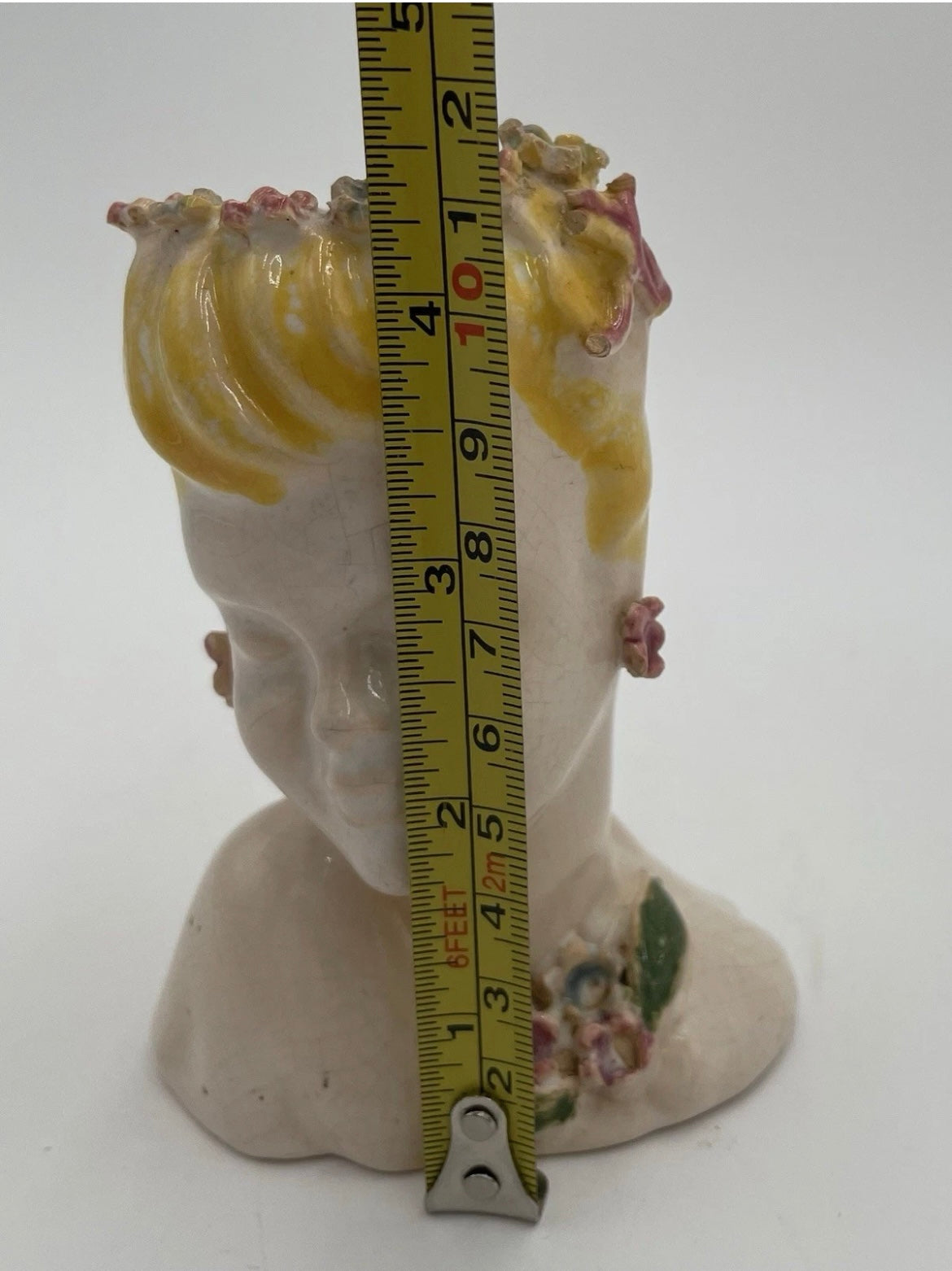 1950s Porcelain Lady Head Vase 4.5" Blonde Floral Headband & Earrings - Vintosh Vintage