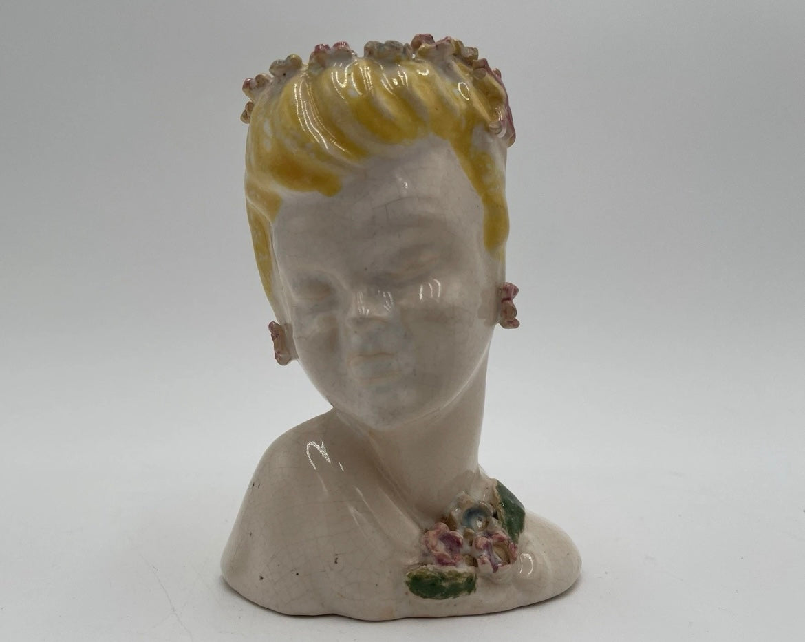 1950s Porcelain Lady Head Vase 4.5" Blonde Floral Headband & Earrings - Vintosh Vintage