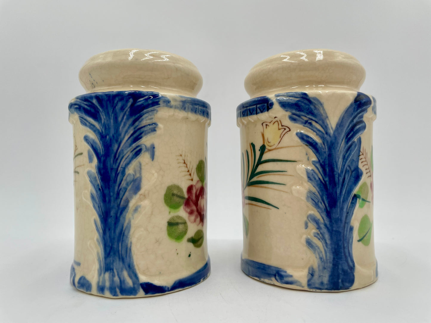Vintage Large Ceramic Salt & Pepper Shakers Hand Painted Floral & Cobalt Blue - Japan