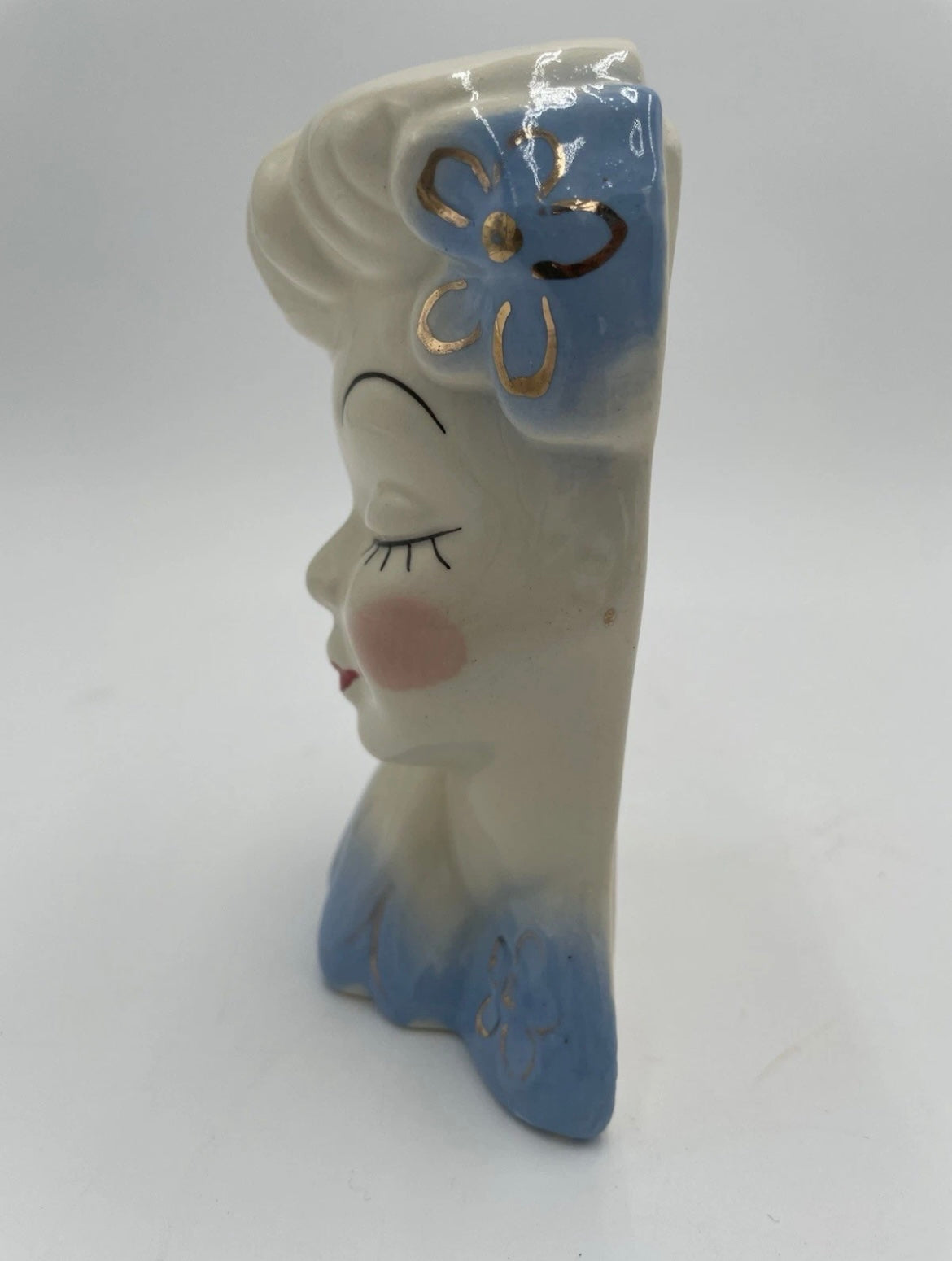 Vintage 6" Glamour Girl Head Vase Wall Pocket Blue & Gold Accent USA - Vintosh Vintage