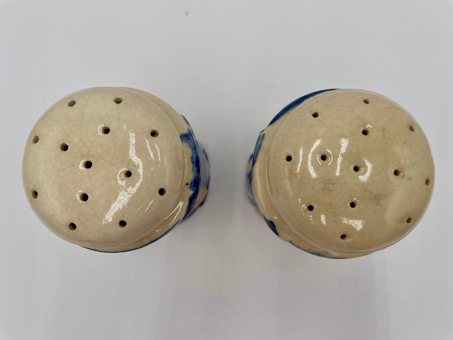 Vintage Large Ceramic Salt & Pepper Shakers Hand Painted Floral & Cobalt Blue - Japan