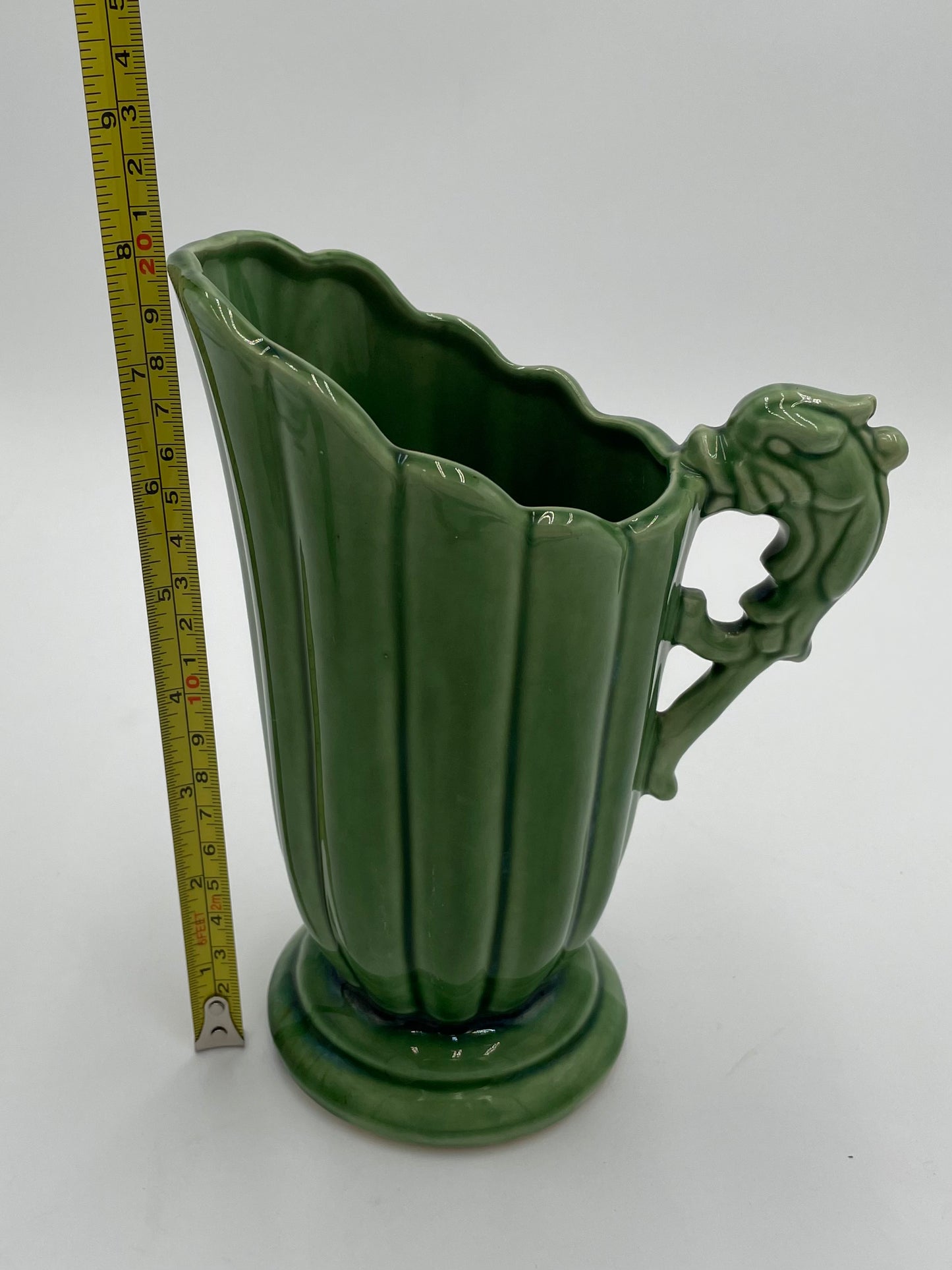 Vintage SHAWNEE Pottery Fluted Green Glazed Pitcher Vase with
Dolphin/Fish Handle USA - Vintosh Vintage