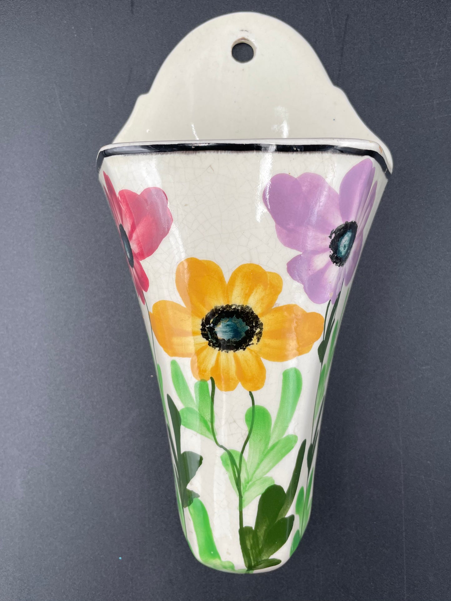 Vintage Ceramic Wall Pocket Hand Painted Floral Design 8.75" Germany - Vintosh Vintage