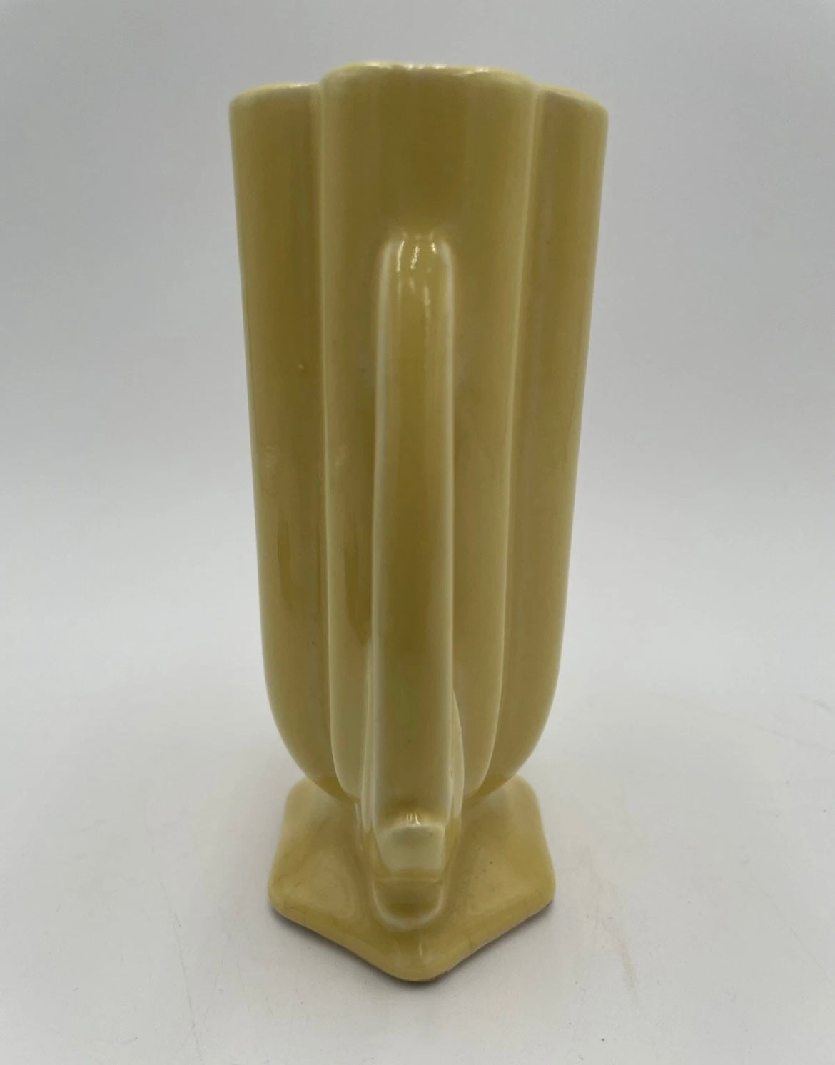 1940s McCoy 5.5" Art Deco Double Handled Yellow Glaze Bud Vase #105 - Vintosh Vintage