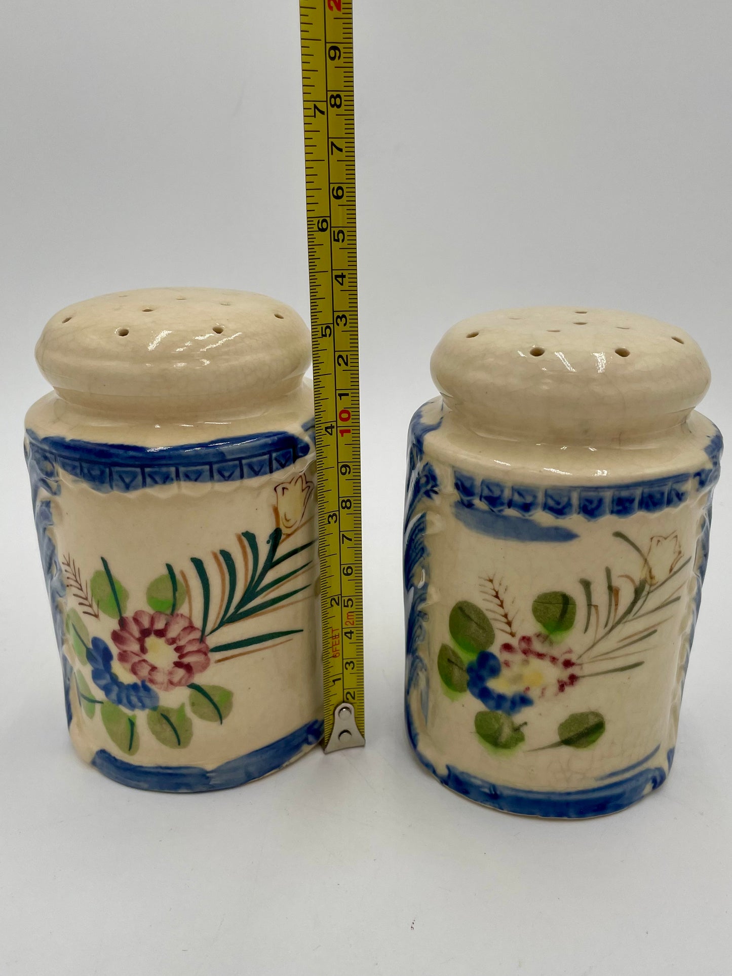 Vintage Large Ceramic Salt & Pepper Shakers Hand Painted Floral & Cobalt Blue - Japan