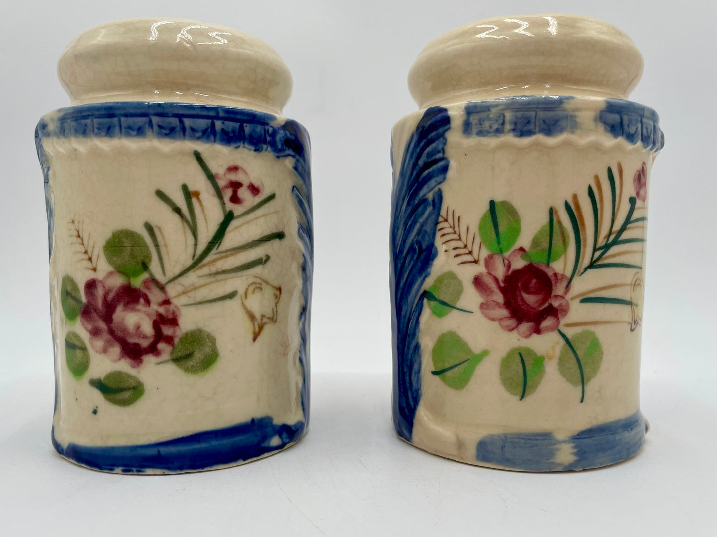 Vintage Large Ceramic Salt & Pepper Shakers Hand Painted Floral & Cobalt Blue - Japan