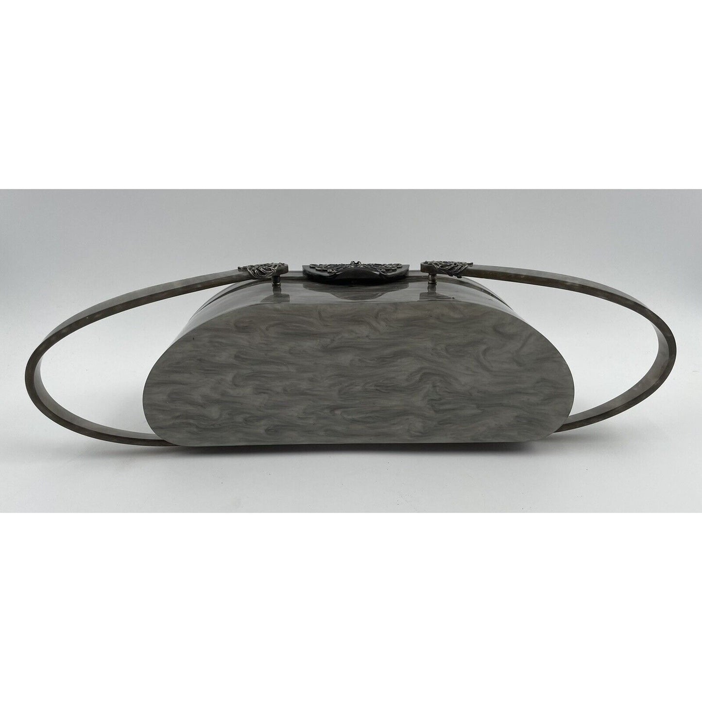 1950s WILARDY Lucite Handbag - Grey/Silver Swirl w/ Filigree (A5) - Vintosh Vintage