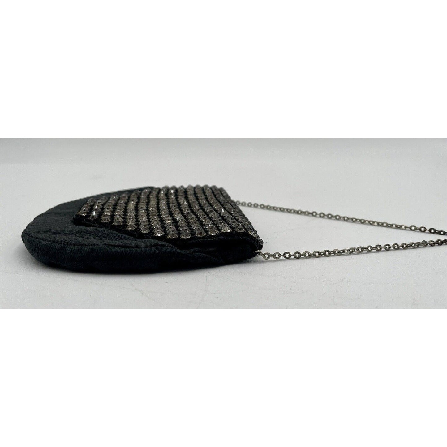 1950s Miniature Black Satin & Rhinestone Flap w/ Chain Handle (A5) - Vintosh Vintage