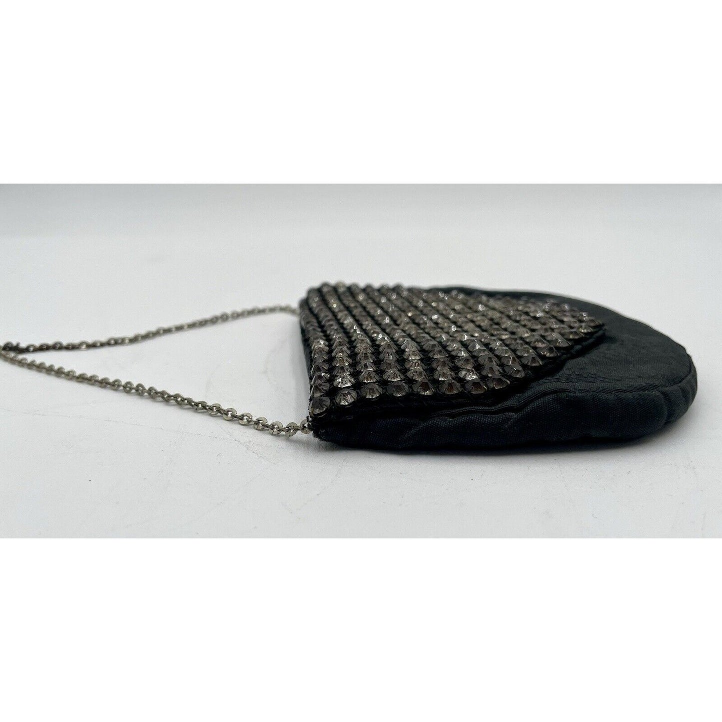 1950s Miniature Black Satin & Rhinestone Flap w/ Chain Handle (A5) - Vintosh Vintage