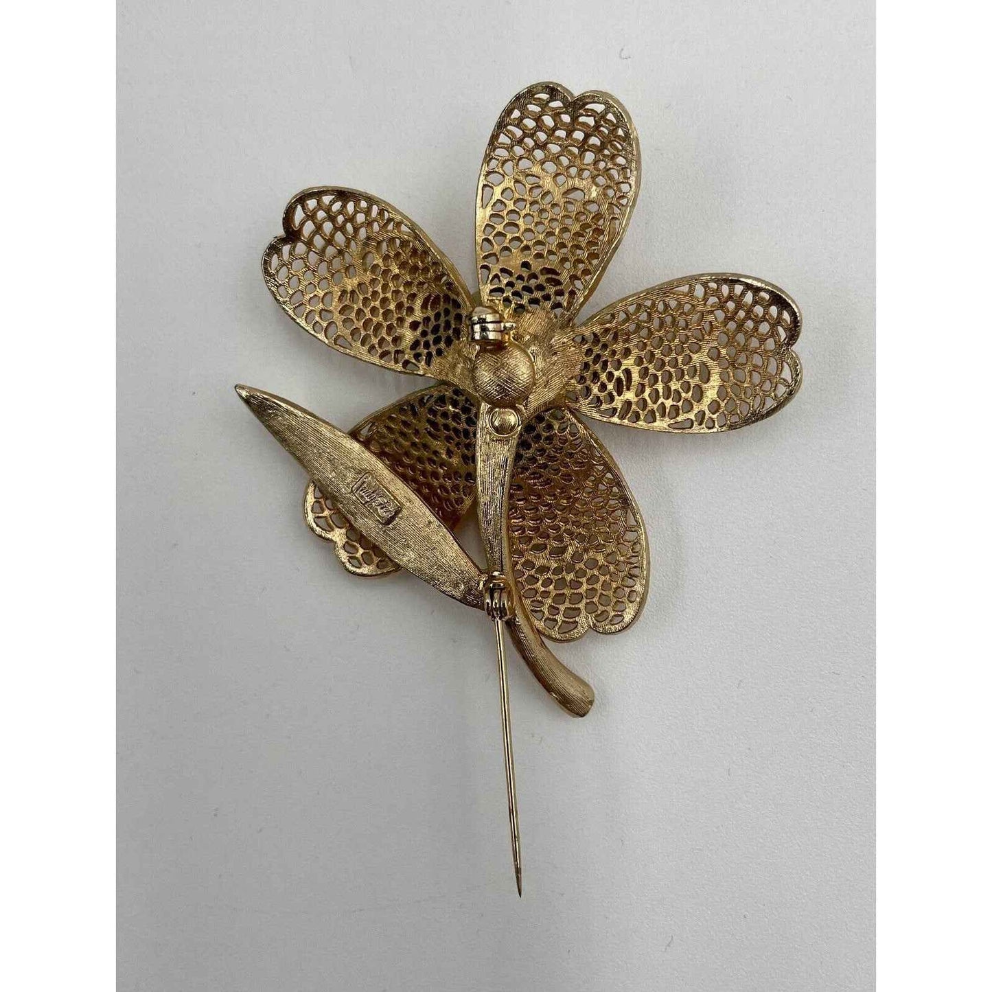 Vintage Judy Lee Signed Gold Tone Filagree Faux Pear Flower Brooch Pin (A1)