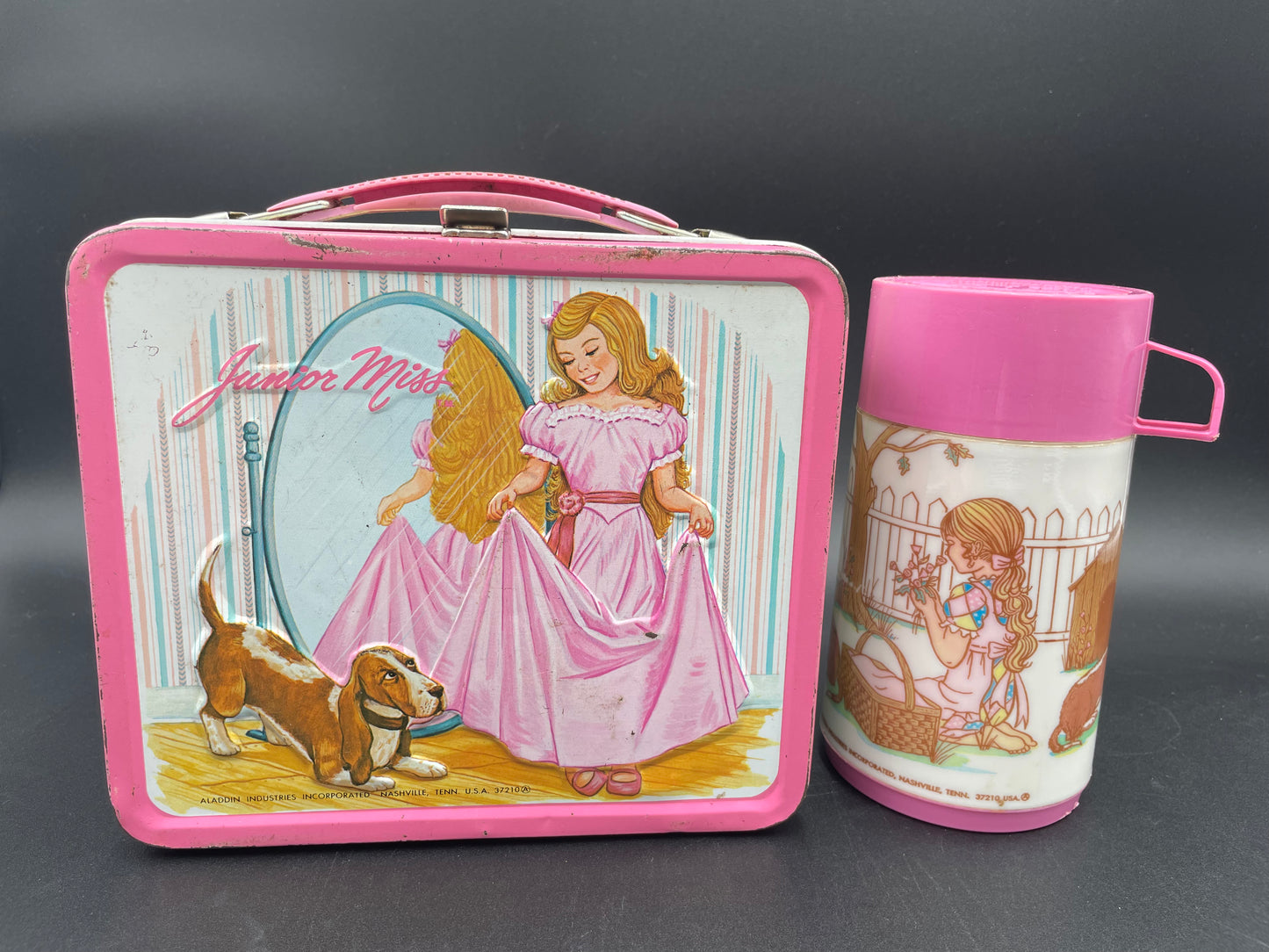 Collectible 1978 PINK JUNIOR MISS w/ Basset Hound Aladdin Metal Lunchbox & Thermos - Vintosh Vintage
