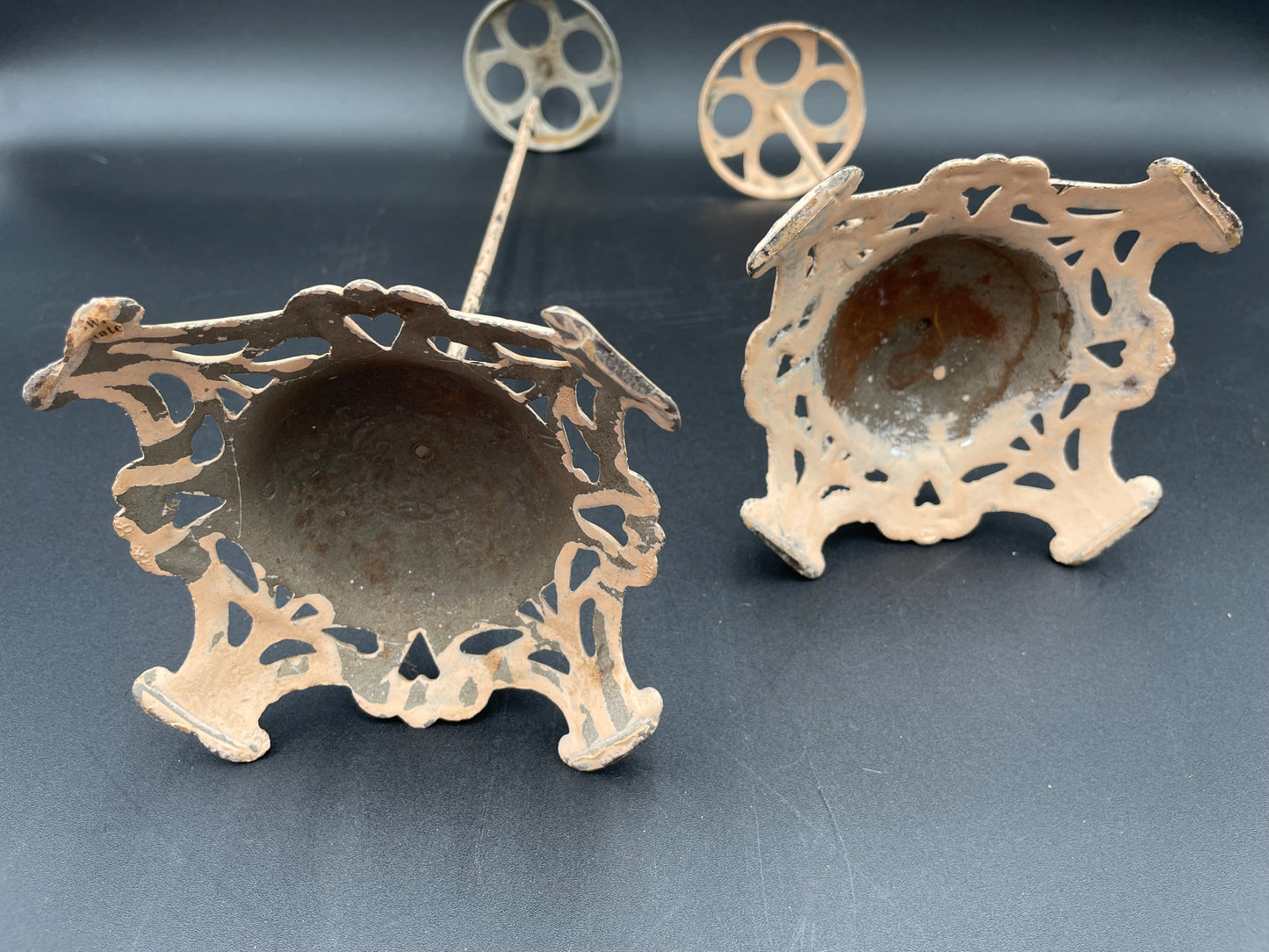 Two Antique Victorian Cast Iron Pale Pink Hat Stands - Vintosh Vintage