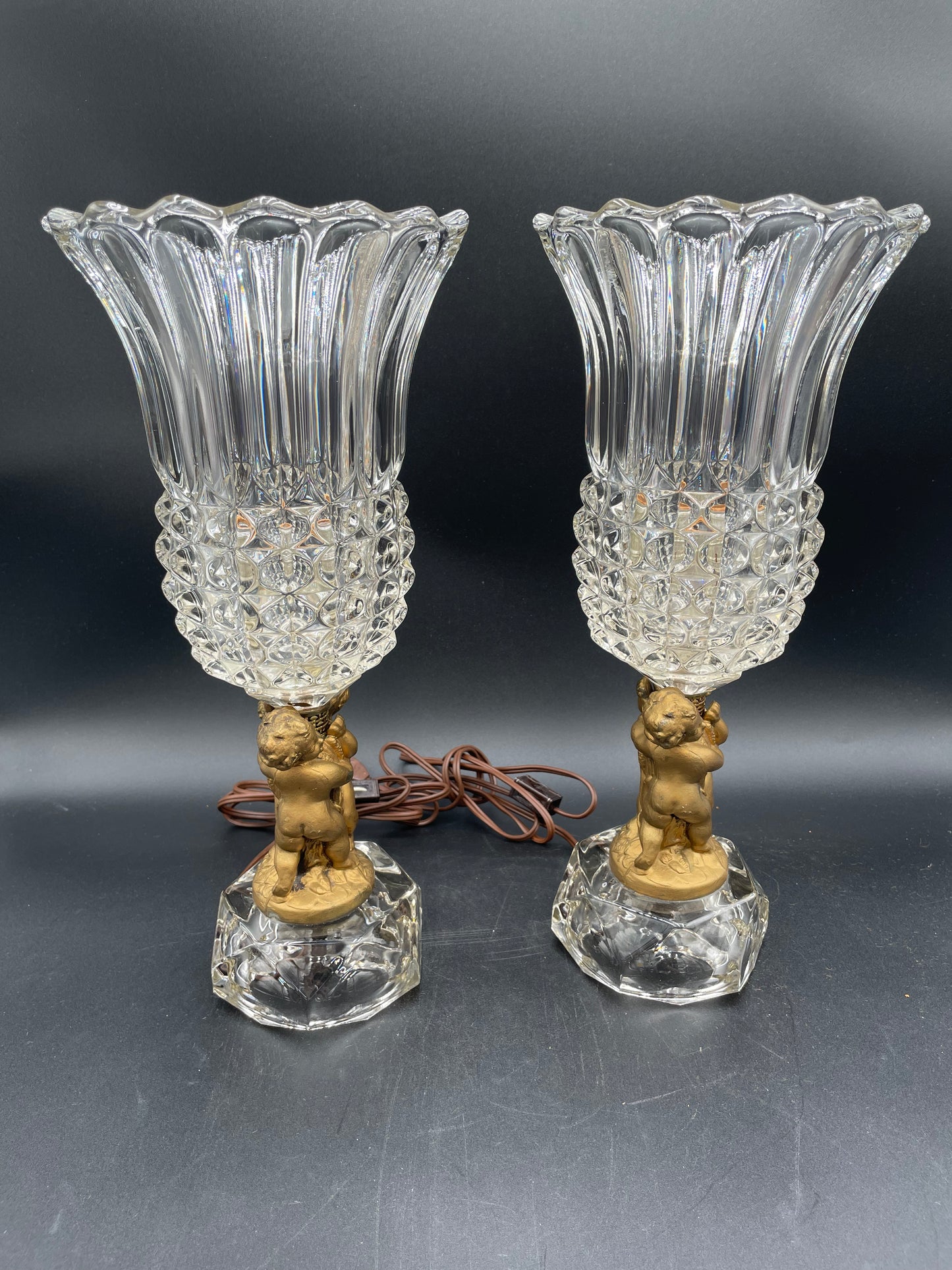 Two Vintage Heavy Brass Cherub Table Lamps Crystal Base & Shade 14.5" Tall