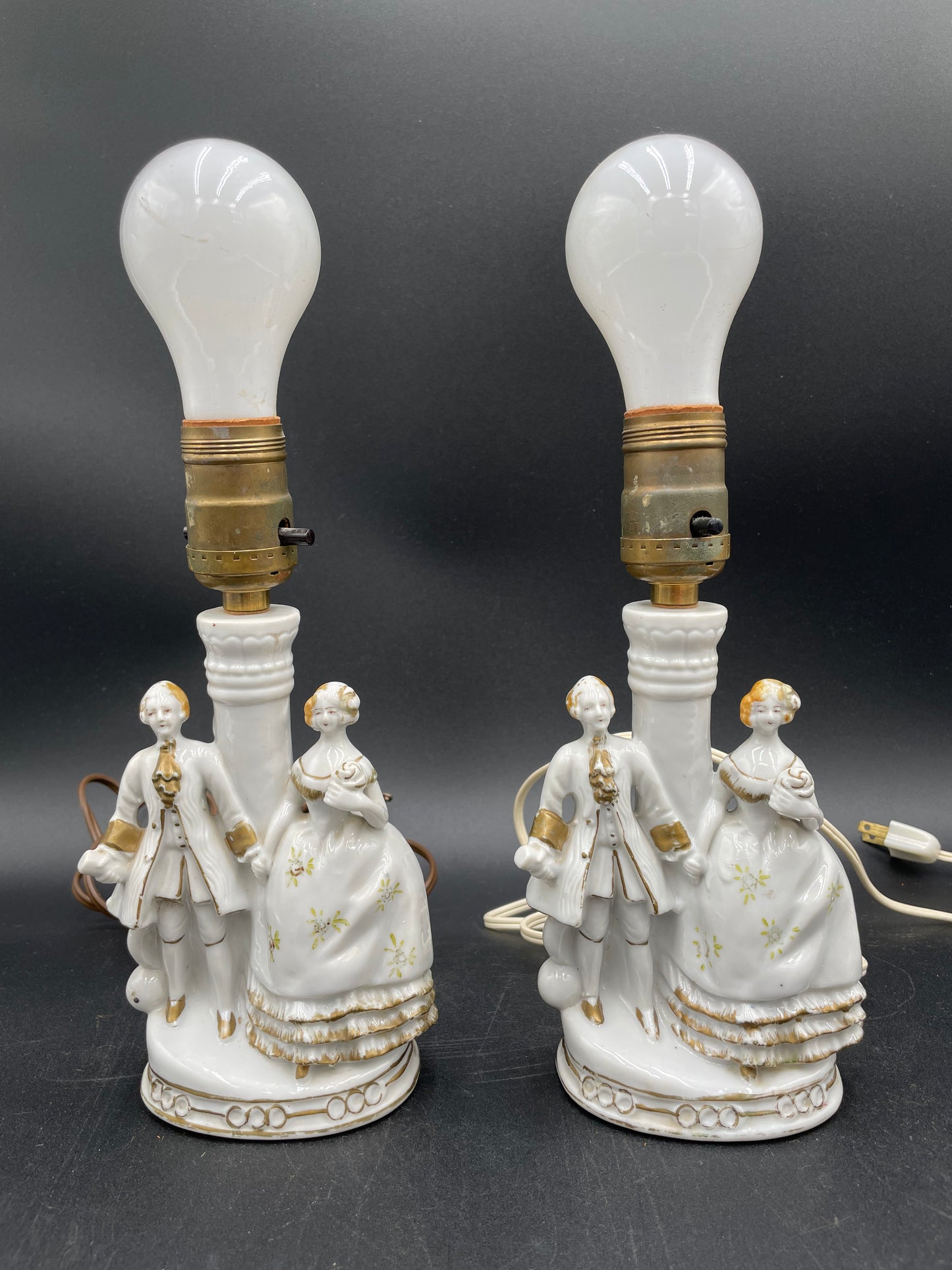 Pair of Vintage Porcelain Victorian Courting Couple Lamps w/ Blue Paper Shades