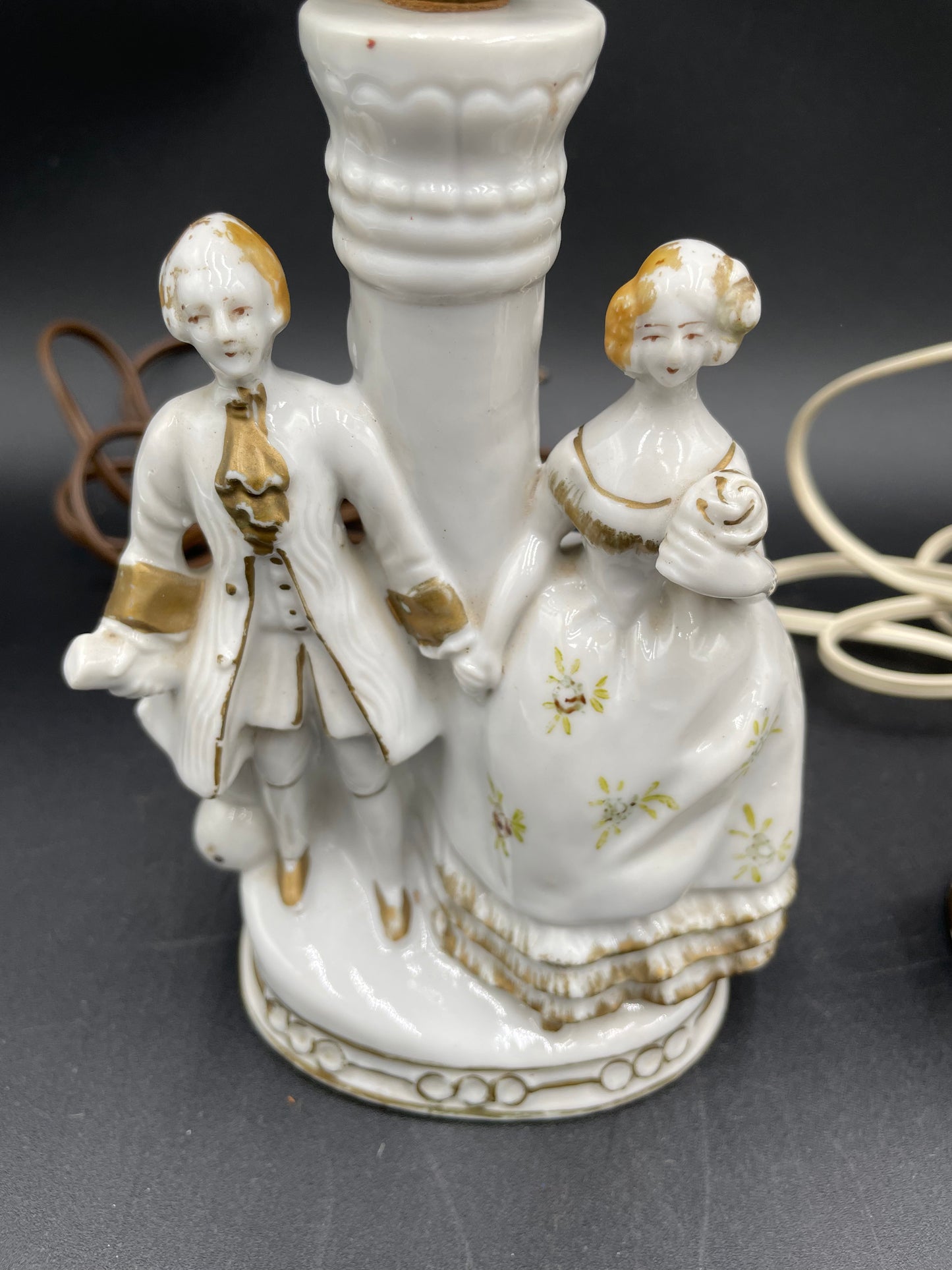 Pair of Vintage Porcelain Victorian Courting Couple Lamps w/ Blue Paper Shades